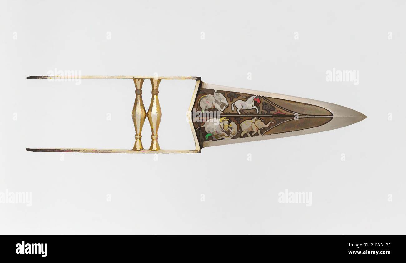 Art inspired by Punch Dagger (Katar) with Sheath, late 17th–18th century, Rajasthan, Indian, Mughal, Steel, iron, silver, gold, rubies, L. 14 in. (35.6 cm); L. of blade 7 1/4 in. (18.4 cm); W. 3 3/16 in. (8.1 cm); Wt. 15.2 oz. (430.9 g), Daggers, Daggers of this ancient Indian type are, Classic works modernized by Artotop with a splash of modernity. Shapes, color and value, eye-catching visual impact on art. Emotions through freedom of artworks in a contemporary way. A timeless message pursuing a wildly creative new direction. Artists turning to the digital medium and creating the Artotop NFT Stock Photo