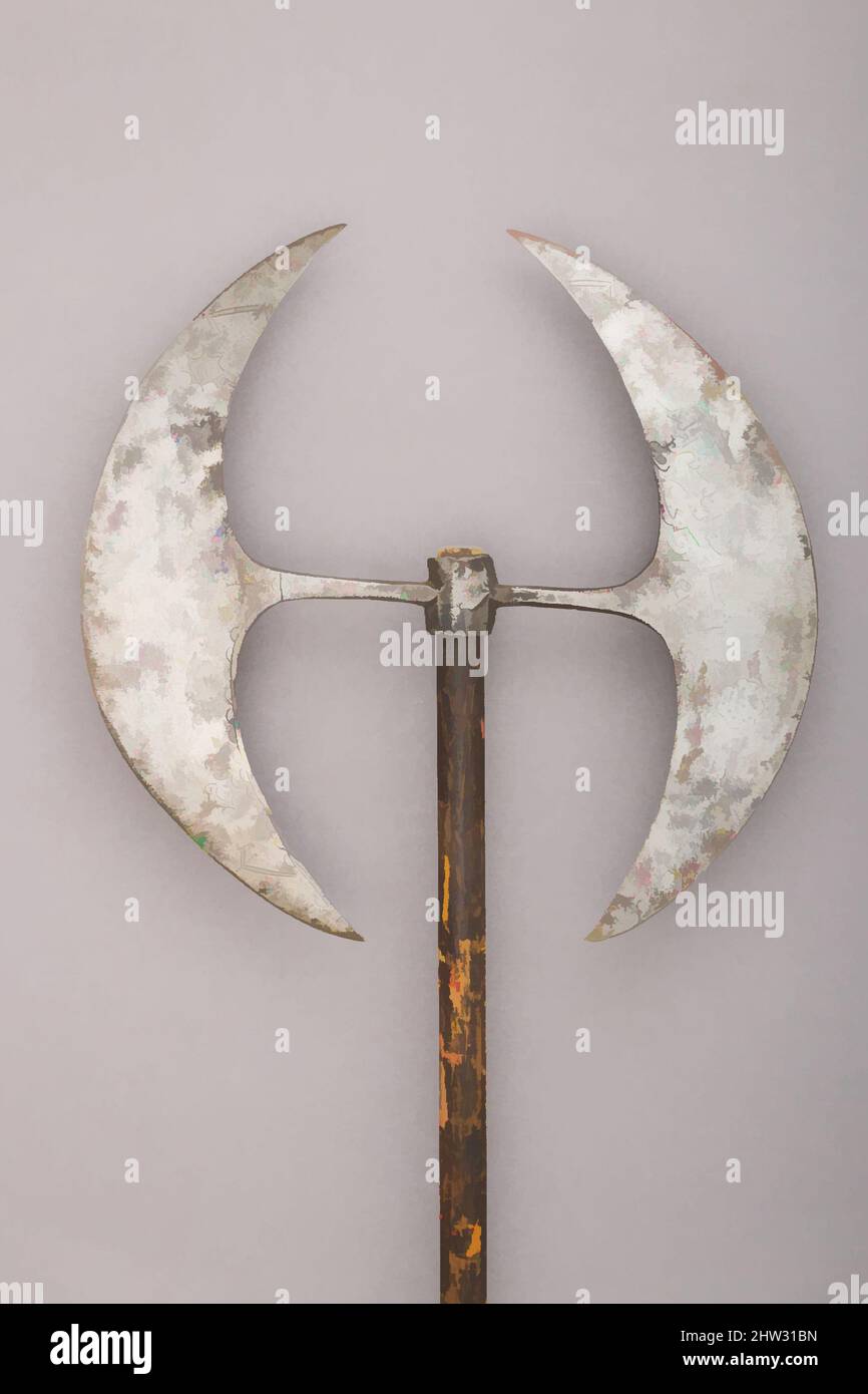 Art inspired by Double-bladed Processional Axe, blade 1170 A.H./1757 A.D.; modern shaft, North Indian, Steel, wood, L. 50 in. (127 cm); L. of head 15 1/4 in. (38.7 cm); W. 15 1/2 in. (39.4 cm); Wt. 2 lbs. 8.9 oz. (1159.5 g), Shafted Weapons, Classic works modernized by Artotop with a splash of modernity. Shapes, color and value, eye-catching visual impact on art. Emotions through freedom of artworks in a contemporary way. A timeless message pursuing a wildly creative new direction. Artists turning to the digital medium and creating the Artotop NFT Stock Photo