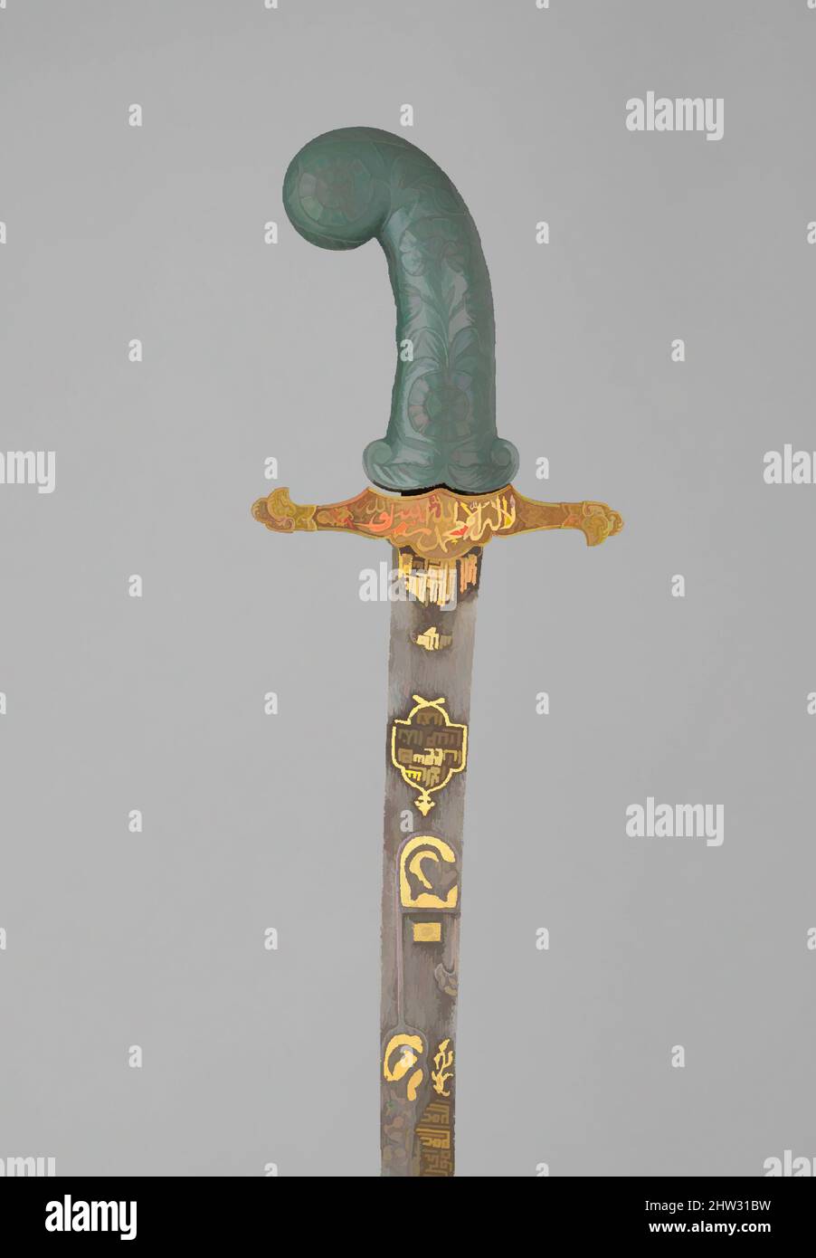 Art inspired by Sword (Kilij), hilt and guard, 19th century; grip, possibly 18th century, hilt and guard, Turkish; grip, Indian, Steel, gold, nephrite, ruby, L. 37 5/8 in. (95.6 cm), Swords, The inscriptions on the sword invokes Allah, the Prophet Muhammad, and ‘Ali. On the sword’s, Classic works modernized by Artotop with a splash of modernity. Shapes, color and value, eye-catching visual impact on art. Emotions through freedom of artworks in a contemporary way. A timeless message pursuing a wildly creative new direction. Artists turning to the digital medium and creating the Artotop NFT Stock Photo