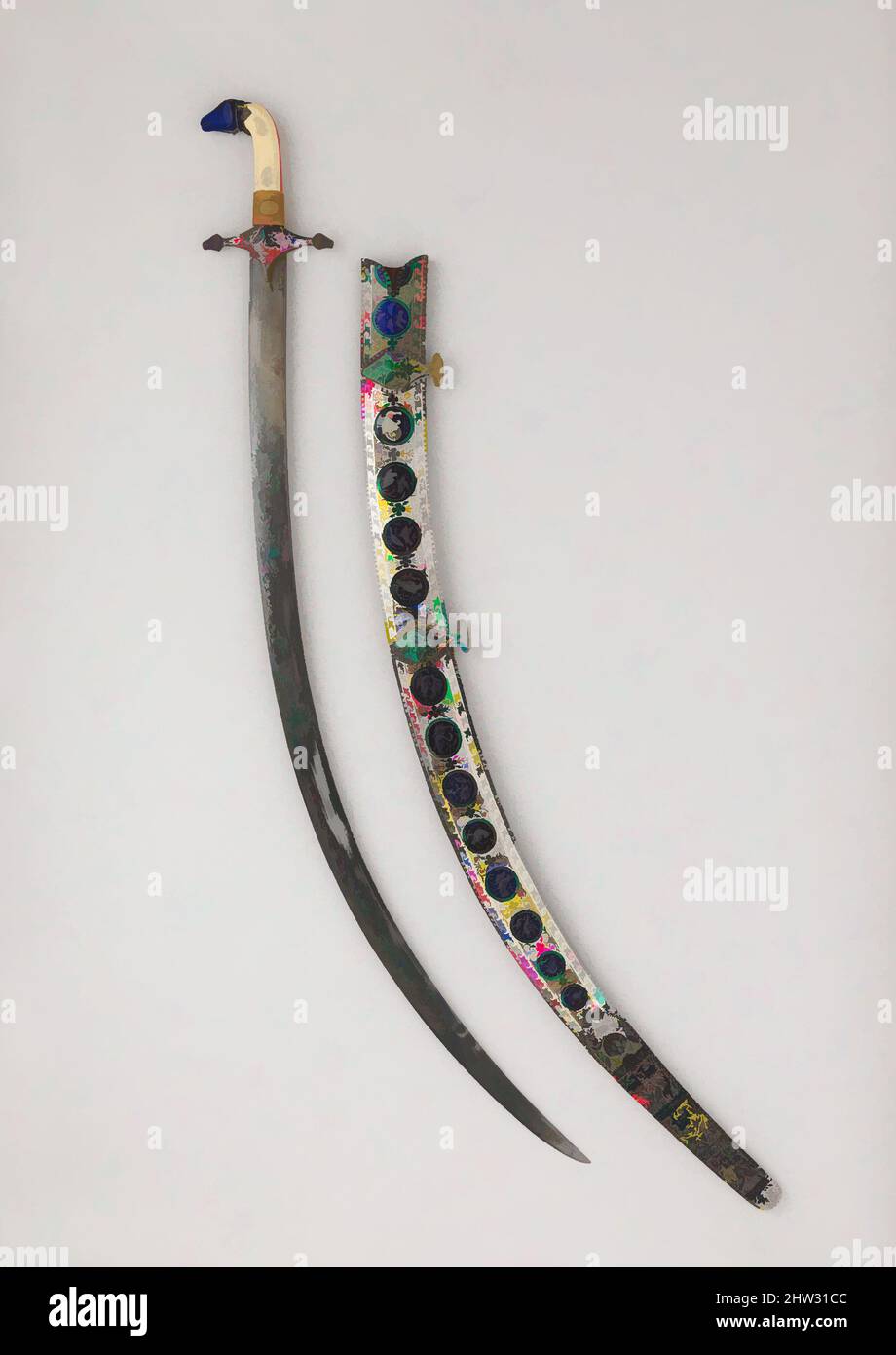Art inspired by Saber (Shamshir) with Scabbard, hilt and scabbard, dated 1819; blade, 18th century, probably Lucknow, Uttar Pradesh, probably Indian; hilt and scabbard, Indian, probably Lucknow, Steel, silver, enamel, ivory, gold, glass, L. with scabbard 38 3/4 in. (98.4 cm); L, Classic works modernized by Artotop with a splash of modernity. Shapes, color and value, eye-catching visual impact on art. Emotions through freedom of artworks in a contemporary way. A timeless message pursuing a wildly creative new direction. Artists turning to the digital medium and creating the Artotop NFT Stock Photo