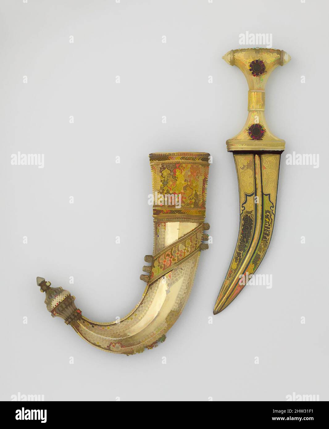 Art inspired by Dagger (Jambiya) with Scabbard and Fitted Storage Case, 1876–1909, Arabian, Medina, Steel, silver, wood, textile, gold, L. of dagger with scabbard 12 3/4 in. (32.4 cm); Wt. of dagger with scabbard (642.0 g); Dagger: L. 11 1/16 in. (28.1 cm); L. of blade 6 3/4 in. (17.2, Classic works modernized by Artotop with a splash of modernity. Shapes, color and value, eye-catching visual impact on art. Emotions through freedom of artworks in a contemporary way. A timeless message pursuing a wildly creative new direction. Artists turning to the digital medium and creating the Artotop NFT Stock Photo