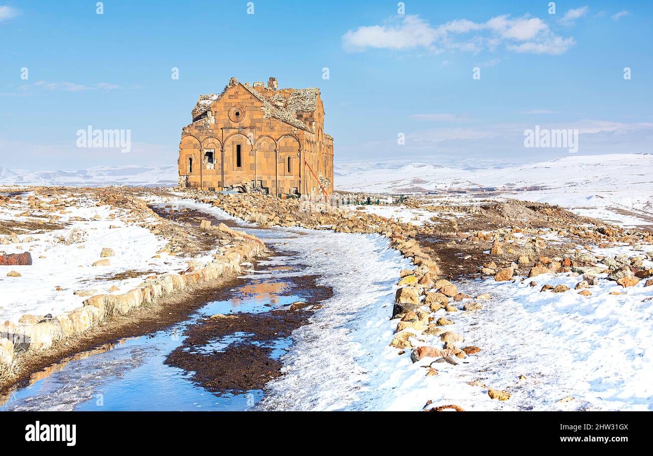 View of Kars ani ruins under snow in winter Stock Photo