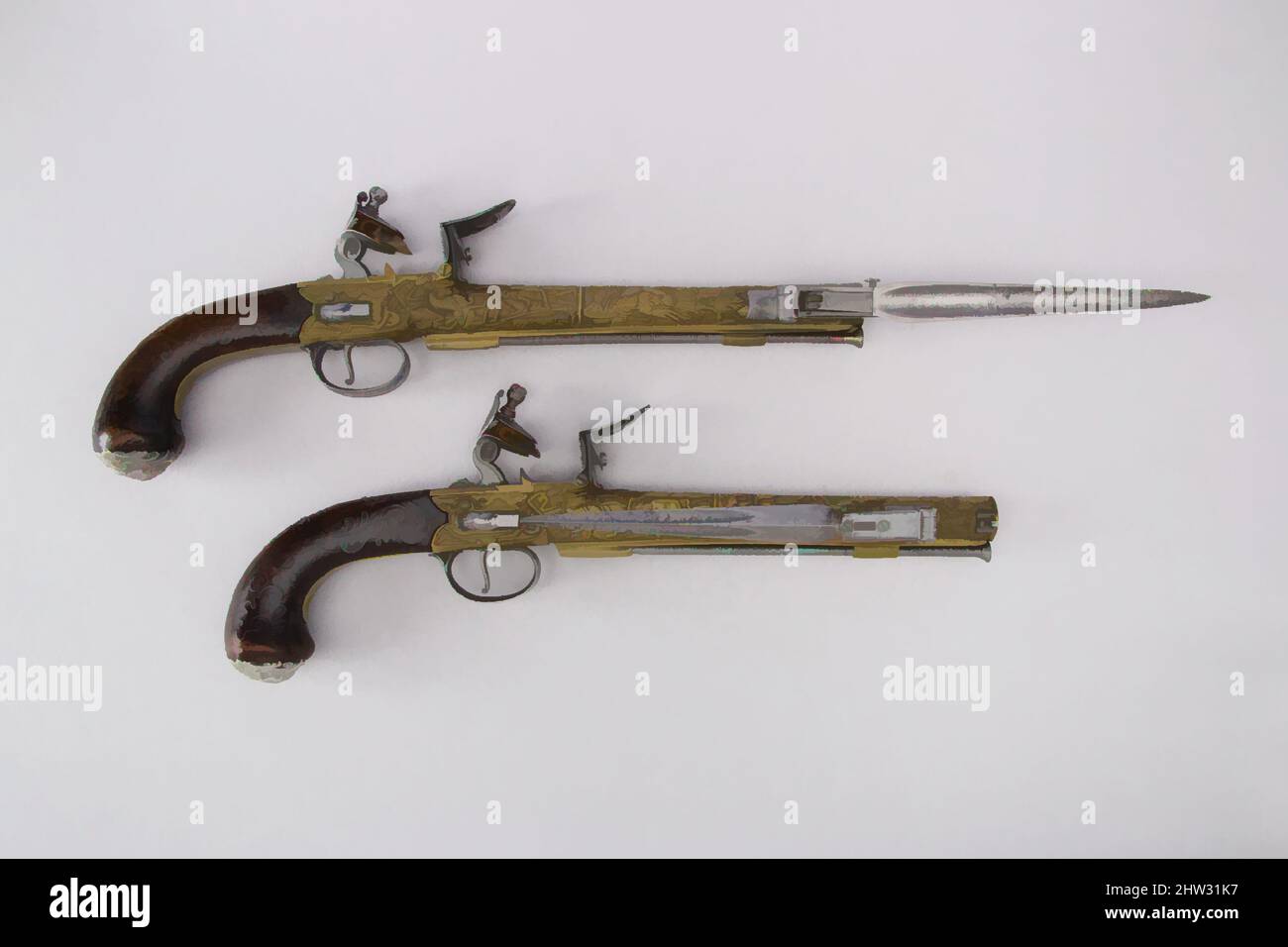 Art inspired by Pair of Flintlock Box-Lock Pistols with Bayonets, ca. 1782, Birmingham; Balearic Islands, British and Spanish, Steel, wood (walnut), silver, brass, L. 15 1/6 in. (38.3 cm); L. of barrel 8 15/16 in. (22.7 cm); Cal. .64 in. (17 mm); Wt. 2 lb. 5 oz. (1048.9 g);L. 14 15/16, Classic works modernized by Artotop with a splash of modernity. Shapes, color and value, eye-catching visual impact on art. Emotions through freedom of artworks in a contemporary way. A timeless message pursuing a wildly creative new direction. Artists turning to the digital medium and creating the Artotop NFT Stock Photo