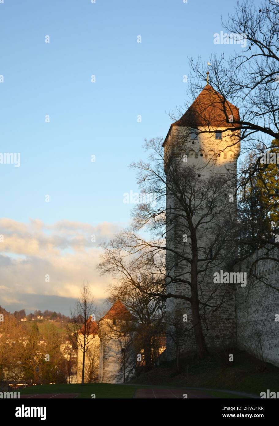 Old Lucerne castle towers during sunset Stock Photo
