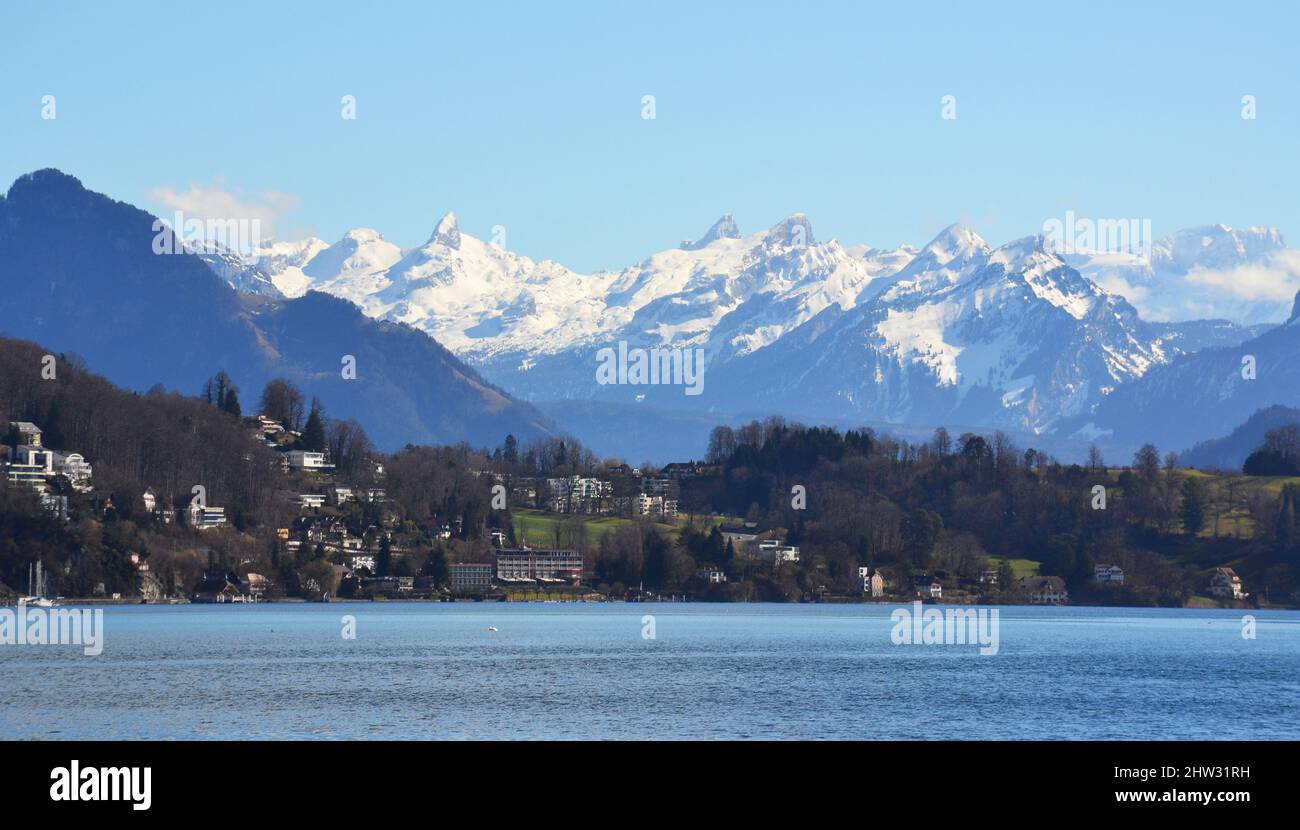 Landscape with Lucerne lake during early spring Stock Photo
