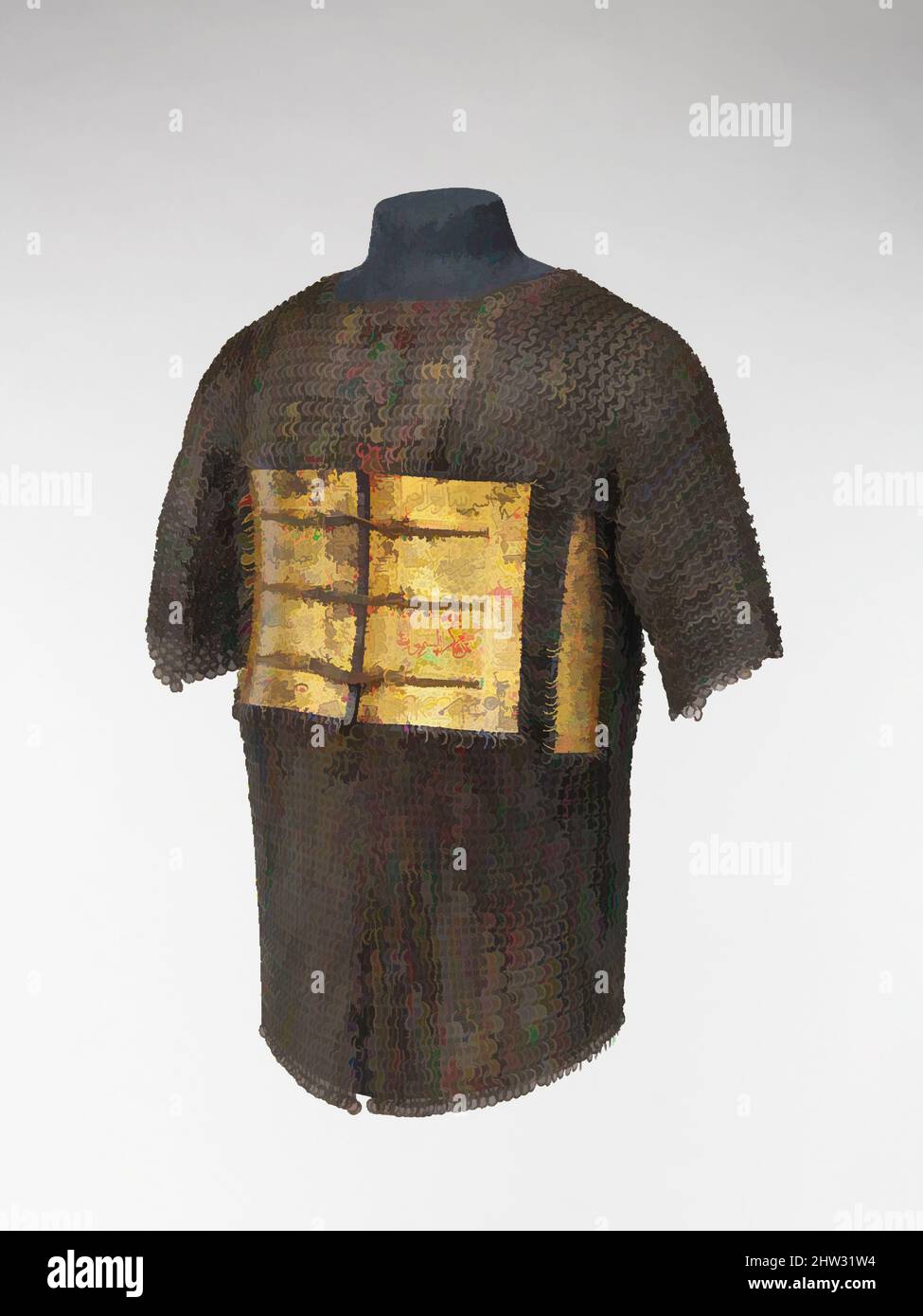 Art inspired by Shirt of Mail and Plate, dated A.H. 1042/A.D. 1632–33, Indian, Steel, iron, gold, leather, as mounted, H. 32 in. (81.3 cm)l; L. 31 in. (78.8 cm); W. 40 in. (101.5 cm); Wt. 23 lb. 10 oz. (10.7 kg), Mail, This shirt ranks as one of the most beautiful surviving Mughal, Classic works modernized by Artotop with a splash of modernity. Shapes, color and value, eye-catching visual impact on art. Emotions through freedom of artworks in a contemporary way. A timeless message pursuing a wildly creative new direction. Artists turning to the digital medium and creating the Artotop NFT Stock Photo