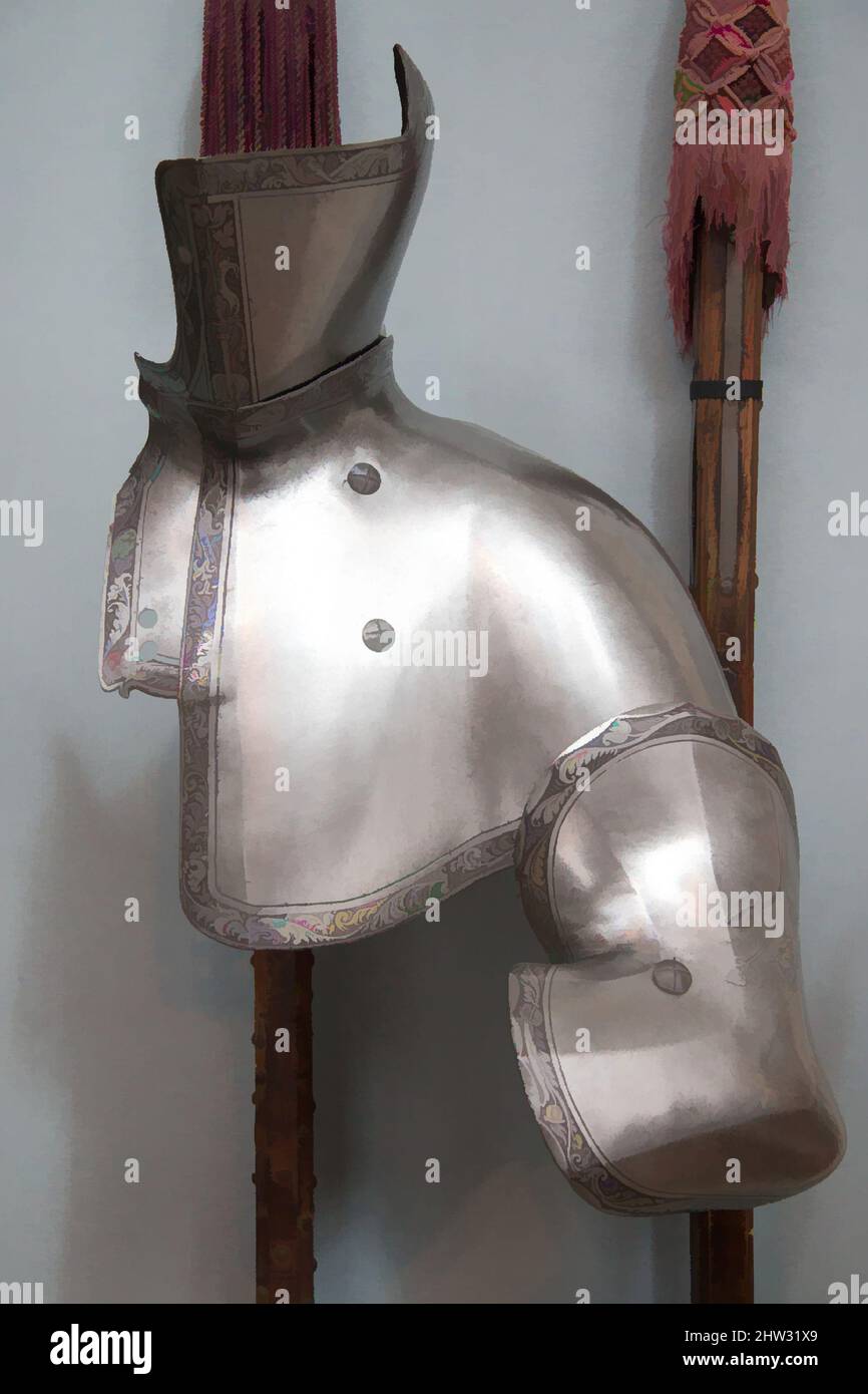 Art inspired by Reinforcing Plates of Armor for the Tilt, dated 1551, Innsbruck, Austrian, Innsbruck, Steel, grandguard: L. 12 3/4 in. (32.39 cm); W. 14 1/8 in. (35.86 cm); Wt. 4 lb. 4 oz. (1928 g); tilting buffe: L. 15 in. (38.1 cm); W. 9 3/4 in. (24.77 cm); Wt. 4 lb.11 oz. (2126 g, Classic works modernized by Artotop with a splash of modernity. Shapes, color and value, eye-catching visual impact on art. Emotions through freedom of artworks in a contemporary way. A timeless message pursuing a wildly creative new direction. Artists turning to the digital medium and creating the Artotop NFT Stock Photo