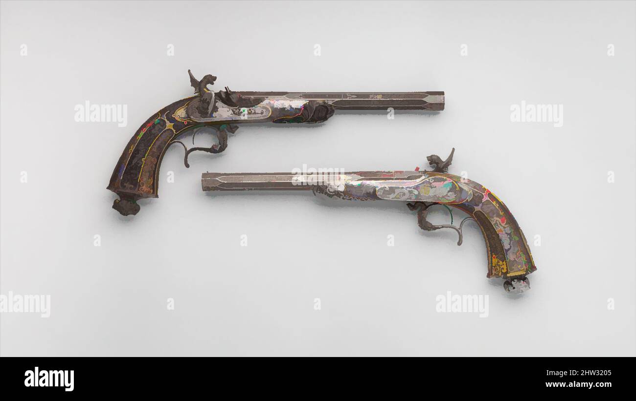 Art inspired by Two Percussion Exhibition Pistols, dated 1849 and 1851, French, Steel, gold, 2013.514.1: L. 16 in. (40.7 cm); L. of barrel 10 1/4 in. (26.1 cm); Cal. .45 in. (11.4 mm);L. 15 7/8 in. (40.3 cm); L. of barrel 10 1/4 in. (26.0 cm); Cal. .46 in. (11.7 mm), Firearms-Pistols-, Classic works modernized by Artotop with a splash of modernity. Shapes, color and value, eye-catching visual impact on art. Emotions through freedom of artworks in a contemporary way. A timeless message pursuing a wildly creative new direction. Artists turning to the digital medium and creating the Artotop NFT Stock Photo