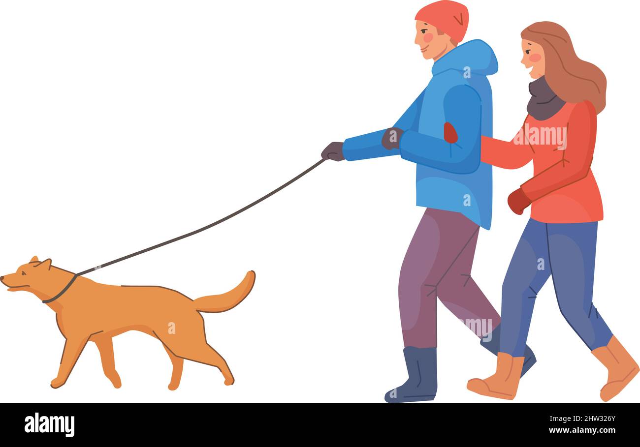 Couple walking with dog. People in warm winter clothes isolated on ...