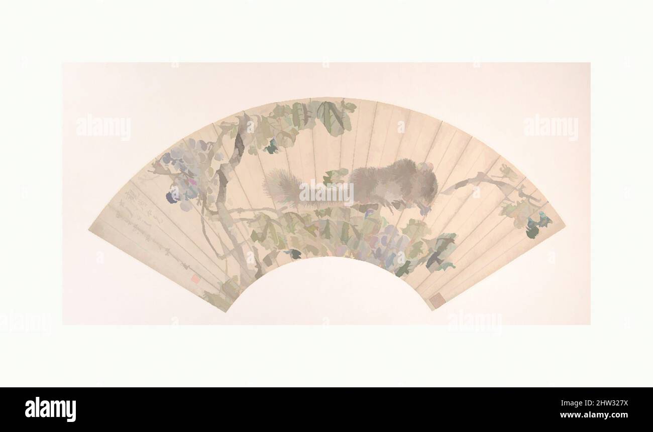 Art inspired by 清 沙馥 松鼠葡萄 扇面, Squirrel and Grapes, Qing dynasty (1644–1911), dated 1894, China, Folding fan mounted as an album leaf; ink and color on alum paper, 6 5/8 x 19 3/4 in. (16.8 x 50.2 cm), Paintings, Sha Fu (Chinese, 1831–1906), In Suzhou the Sha family owned a famous shop, Classic works modernized by Artotop with a splash of modernity. Shapes, color and value, eye-catching visual impact on art. Emotions through freedom of artworks in a contemporary way. A timeless message pursuing a wildly creative new direction. Artists turning to the digital medium and creating the Artotop NFT Stock Photo