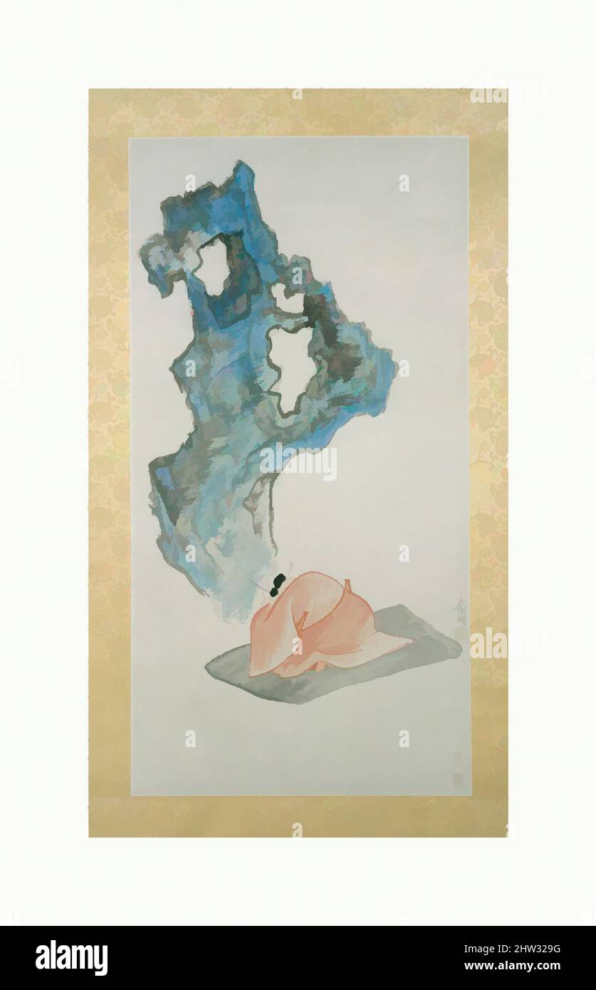 Art inspired by 近代 俞明 米芾拜石圖 軸, Mi Fu at Stone Worship, early 20th century, China, Hanging scroll; ink and color on paper, Overall with mounting: 69 3/4 × 18 1/8 in. (177.2 × 46 cm), Paintings, Yu Ming (Chinese, 1884–1935), Yu Ming, a close friend of Wu Changshi (1844–1927), worked in, Classic works modernized by Artotop with a splash of modernity. Shapes, color and value, eye-catching visual impact on art. Emotions through freedom of artworks in a contemporary way. A timeless message pursuing a wildly creative new direction. Artists turning to the digital medium and creating the Artotop NFT Stock Photo