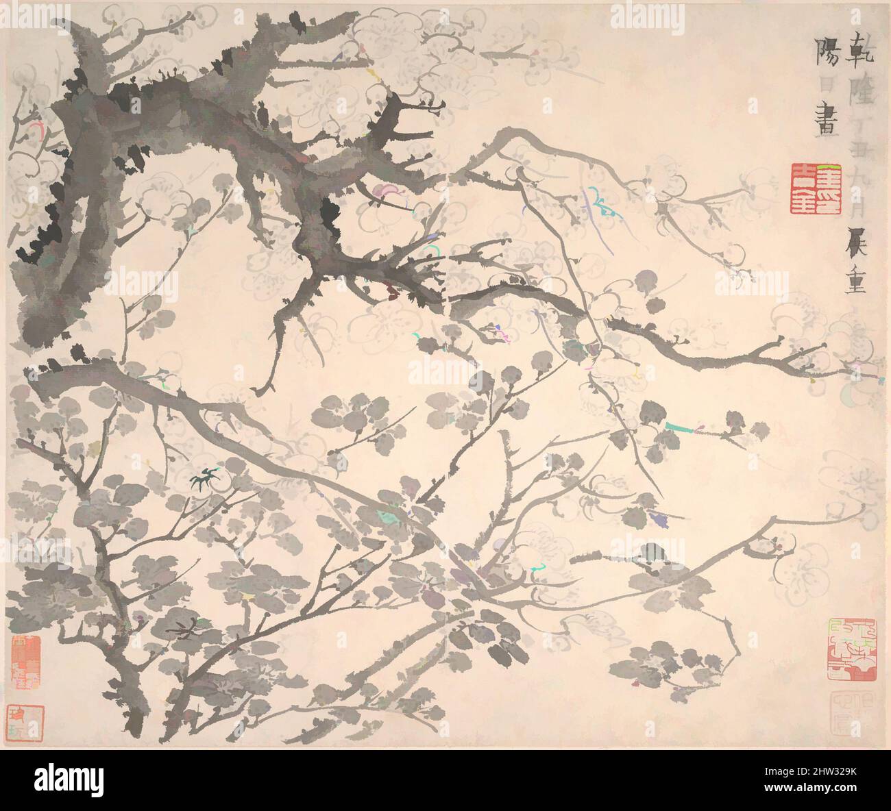 Art inspired by 清 金農 梅花圖 冊, Plum Blossoms, Qing dynasty (1644–1911), dated 1757, China, Album of twelve leaves; ink on paper, Image: 10 x 11 3/4 in. (25.4 x 29.8 cm), Paintings, Jin Nong (Chinese, 1687–1773), Jin Nong started painting plum blossoms in 1756 at the age of sixty-nine, Classic works modernized by Artotop with a splash of modernity. Shapes, color and value, eye-catching visual impact on art. Emotions through freedom of artworks in a contemporary way. A timeless message pursuing a wildly creative new direction. Artists turning to the digital medium and creating the Artotop NFT Stock Photo