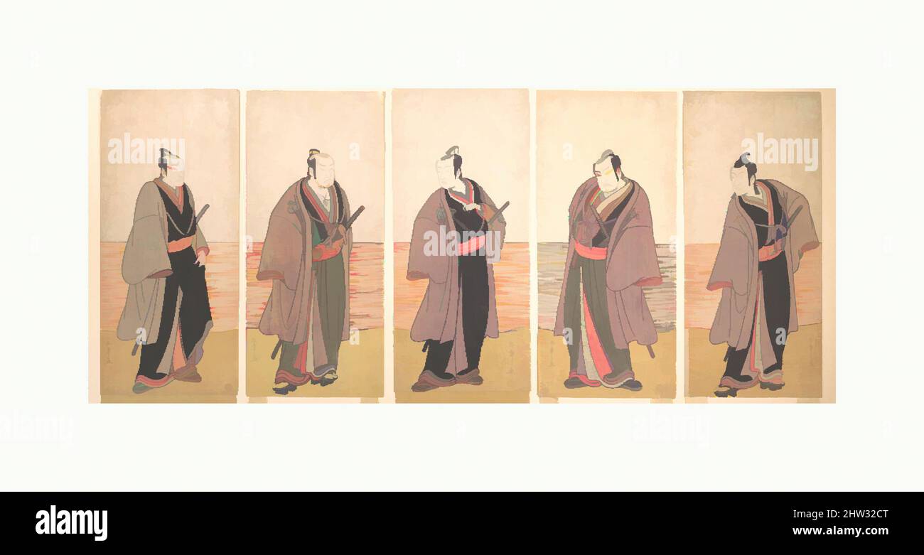 Art inspired by Ichikawa Danjuro V as a Chivalrous Commoner (Gonin Otoko) from the Play 'Hatsumonbi kuruwa Soga', Edo period (1615–1868), 2nd month, 1780, Japan, Pentaptych of polychrome woodblock prints; ink and color on paper, Overall: H. 12 5/16 (31.3 cm); W. 27 1/2 in. (69.9 cm, Classic works modernized by Artotop with a splash of modernity. Shapes, color and value, eye-catching visual impact on art. Emotions through freedom of artworks in a contemporary way. A timeless message pursuing a wildly creative new direction. Artists turning to the digital medium and creating the Artotop NFT Stock Photo