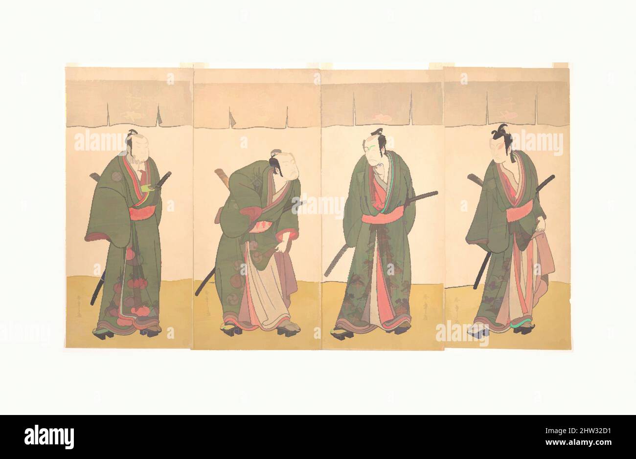 Art inspired by Ichikawa Danjūrō V in the Scene 'Five Chivalrous Commoners' from the Play A Soga Drama on the First Festival Day, Edo period (1615–1868), 1780, Japan, Tetraptych of polychrome woodblock prints; ink and color on paper, Overall: H. 13 in. (33 cm); W. 22 3/4 in. (57.8 cm, Classic works modernized by Artotop with a splash of modernity. Shapes, color and value, eye-catching visual impact on art. Emotions through freedom of artworks in a contemporary way. A timeless message pursuing a wildly creative new direction. Artists turning to the digital medium and creating the Artotop NFT Stock Photo