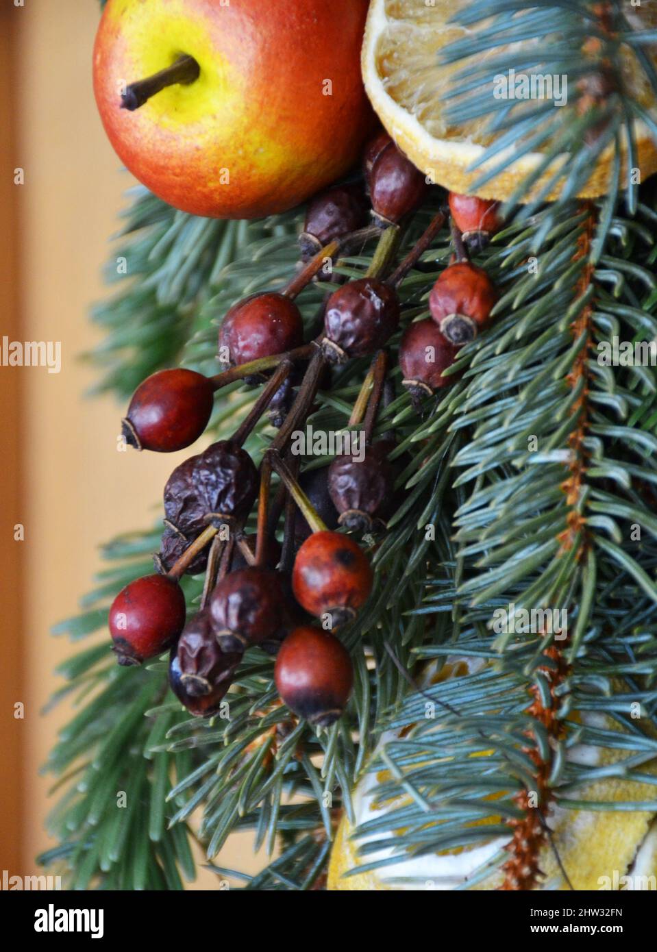 Christmas decorations on a wooden door Stock Photo
