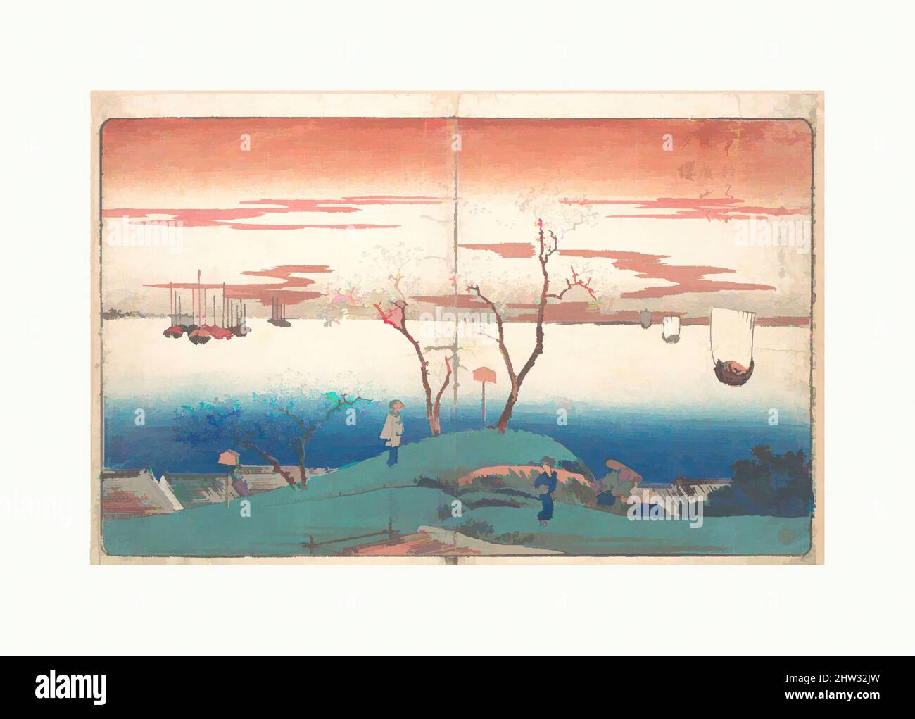 Art inspired by 東都名所 御殿山之夕桜, Evening Cherries on Gotem Yama, Edo period (1615–1868), 1830, Japan, Polychrome woodblock print; ink and color on paper, 9 x 13 15/16 in. (22.9 x 35.4 cm), Prints, Utagawa Hiroshige (Japanese, Tokyo (Edo) 1797–1858 Tokyo (Edo, Classic works modernized by Artotop with a splash of modernity. Shapes, color and value, eye-catching visual impact on art. Emotions through freedom of artworks in a contemporary way. A timeless message pursuing a wildly creative new direction. Artists turning to the digital medium and creating the Artotop NFT Stock Photo