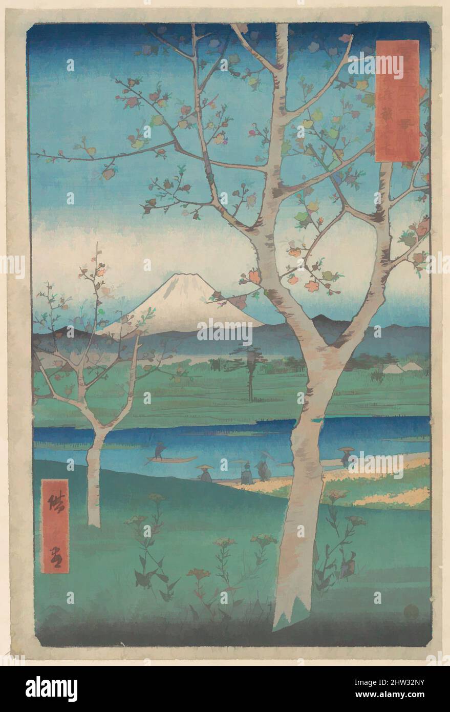 Art inspired by 富士三十六景 武蔵越かや在, View of Mount Fuji from Koshigaya, Province of Musashi (Musashi, Koshigaya Zai), from the series Thirty-six Views of Mount Fuji (Fugaku sanjūrokkei), Edo period (1615–1868), 4th month, Horse year 1858, Japan, Polychrome woodblock print; ink and color on, Classic works modernized by Artotop with a splash of modernity. Shapes, color and value, eye-catching visual impact on art. Emotions through freedom of artworks in a contemporary way. A timeless message pursuing a wildly creative new direction. Artists turning to the digital medium and creating the Artotop NFT Stock Photo