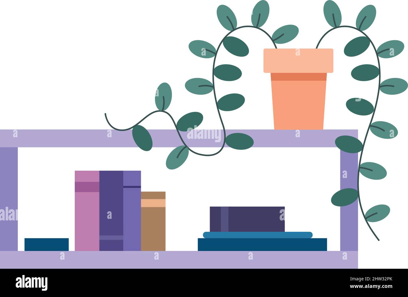 Bookshelf with green plant on top. Room interior decoration isolated on