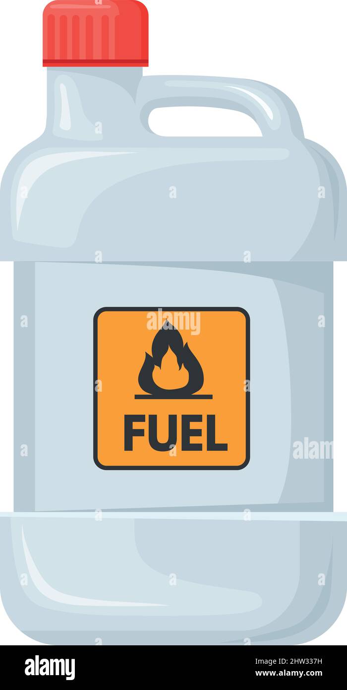 Plastic fuel jerrycan with flammable sign. Explosive liquid container