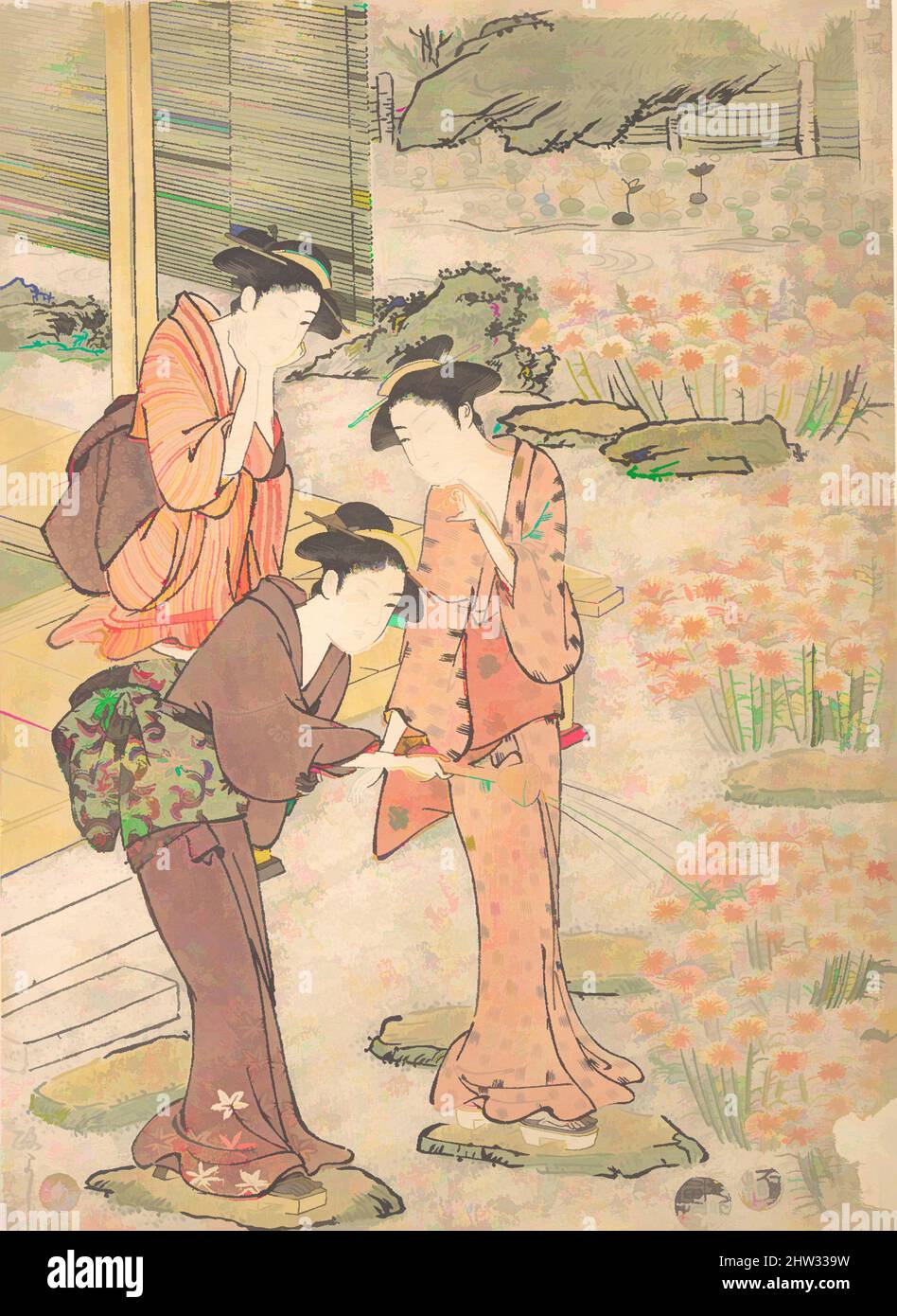 Art inspired by Three Young Women in a Garden where Nadeshiko Pinks are Growing, Edo period (1615–1868), ca. 1790, Japan, Polychrome woodblock print; ink and color on paper, 10 x 7 7/32 in. (25.4 x 18.4 cm), Prints, Kuwagata Keisai (Japanese, 1764–1824, Classic works modernized by Artotop with a splash of modernity. Shapes, color and value, eye-catching visual impact on art. Emotions through freedom of artworks in a contemporary way. A timeless message pursuing a wildly creative new direction. Artists turning to the digital medium and creating the Artotop NFT Stock Photo