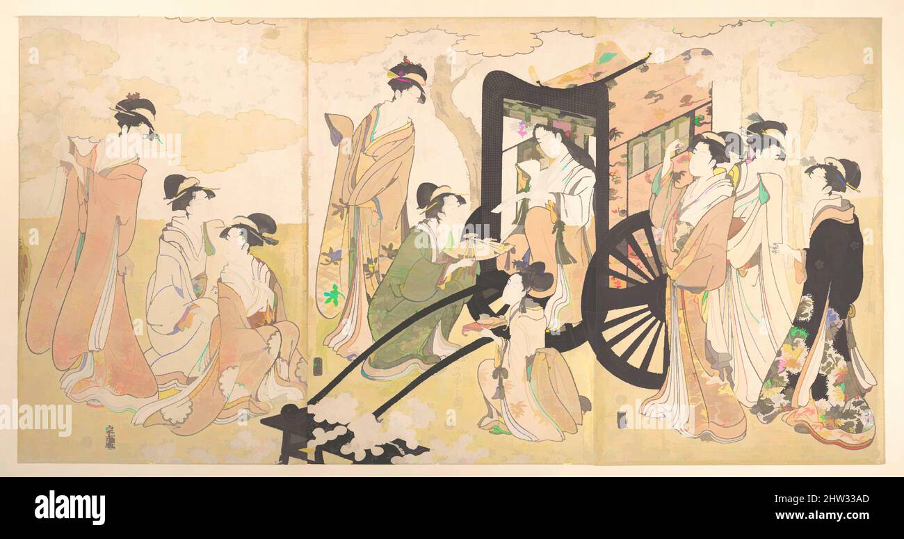 Art inspired by A Cherry-Viewing Excursion by a Noble Lady and Attendants, Edo period (1615–1868), ca. 1797, Japan, Triptych of polychrome woodblock prints; ink and color on paper, 15 7/32 x 30 in. (38.7 x 76.2 cm), Prints, Chōbunsai Eishi (Japanese, 1756–1829, Classic works modernized by Artotop with a splash of modernity. Shapes, color and value, eye-catching visual impact on art. Emotions through freedom of artworks in a contemporary way. A timeless message pursuing a wildly creative new direction. Artists turning to the digital medium and creating the Artotop NFT Stock Photo