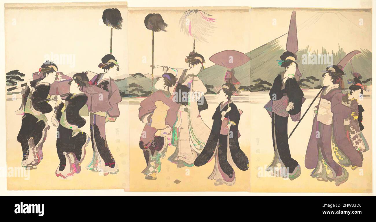 Art inspired by Women Parading in an Imitation of the Cortege of a Daimyo, Edo period (1615–1868), ca. 1797, Japan, Pentaptych of polychrome woodblock prints; ink and color on paper, 15 7/32 x 50 1/2 in. (38.7 x 128.3 cm), Prints, Utagawa Toyokuni I (Japanese, 1769–1825, Classic works modernized by Artotop with a splash of modernity. Shapes, color and value, eye-catching visual impact on art. Emotions through freedom of artworks in a contemporary way. A timeless message pursuing a wildly creative new direction. Artists turning to the digital medium and creating the Artotop NFT Stock Photo