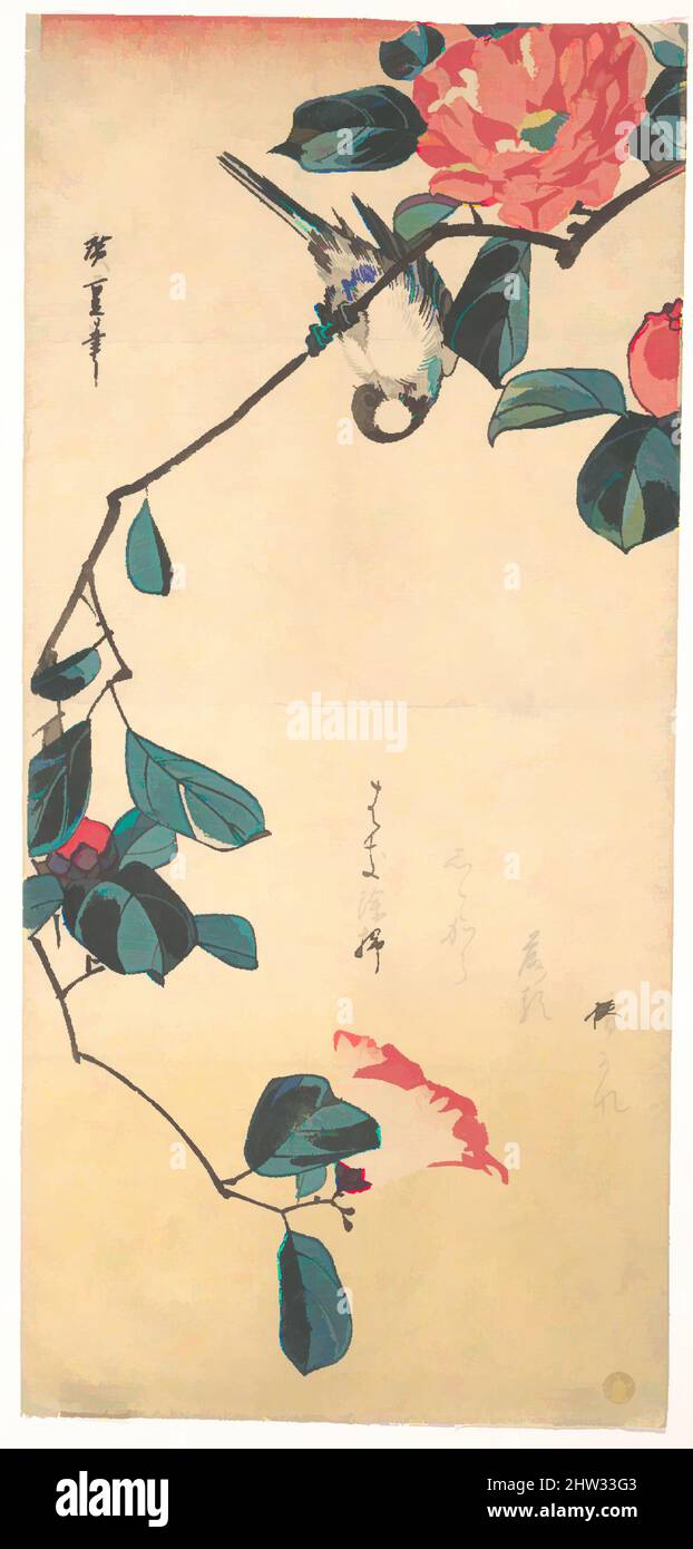 Art inspired by Camellia and Bullfinch, Edo period (1615–1868), ca. 1833, Japan, Polychrome woodblock print; ink and color on paper, 14 15/32 x 6 11/16 in. (36.8 x 17.0 cm), Prints, Utagawa Hiroshige (Japanese, Tokyo (Edo) 1797–1858 Tokyo (Edo, Classic works modernized by Artotop with a splash of modernity. Shapes, color and value, eye-catching visual impact on art. Emotions through freedom of artworks in a contemporary way. A timeless message pursuing a wildly creative new direction. Artists turning to the digital medium and creating the Artotop NFT Stock Photo