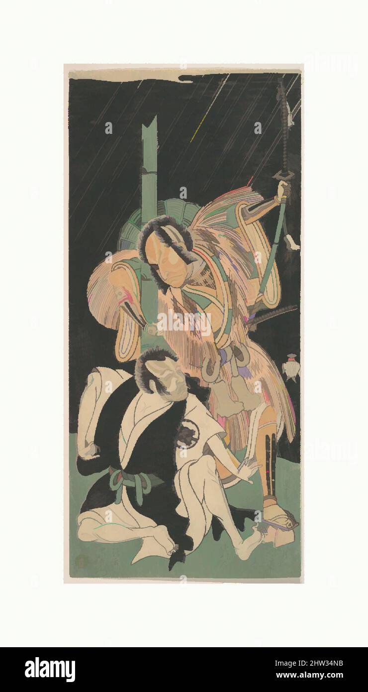 Art inspired by Scene from the Third Act of the Drama 'Soga Aigo', Edo period (1615–1868), 1769 spring, Japan, Polychrome woodblock print; ink and color on paper, 12 5/8 x 5 3/4 in. (32.1 x 14.6 cm), Prints, Katsukawa Shunshō (Japanese, 1726–1792), In a driving nighttime rainstorm, Classic works modernized by Artotop with a splash of modernity. Shapes, color and value, eye-catching visual impact on art. Emotions through freedom of artworks in a contemporary way. A timeless message pursuing a wildly creative new direction. Artists turning to the digital medium and creating the Artotop NFT Stock Photo