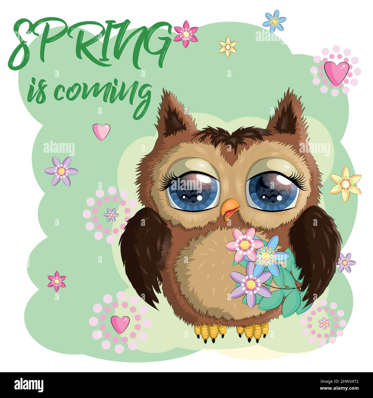 Cute Cartoon Owl with flowers and butterflies Stock Vector Image & Art ...