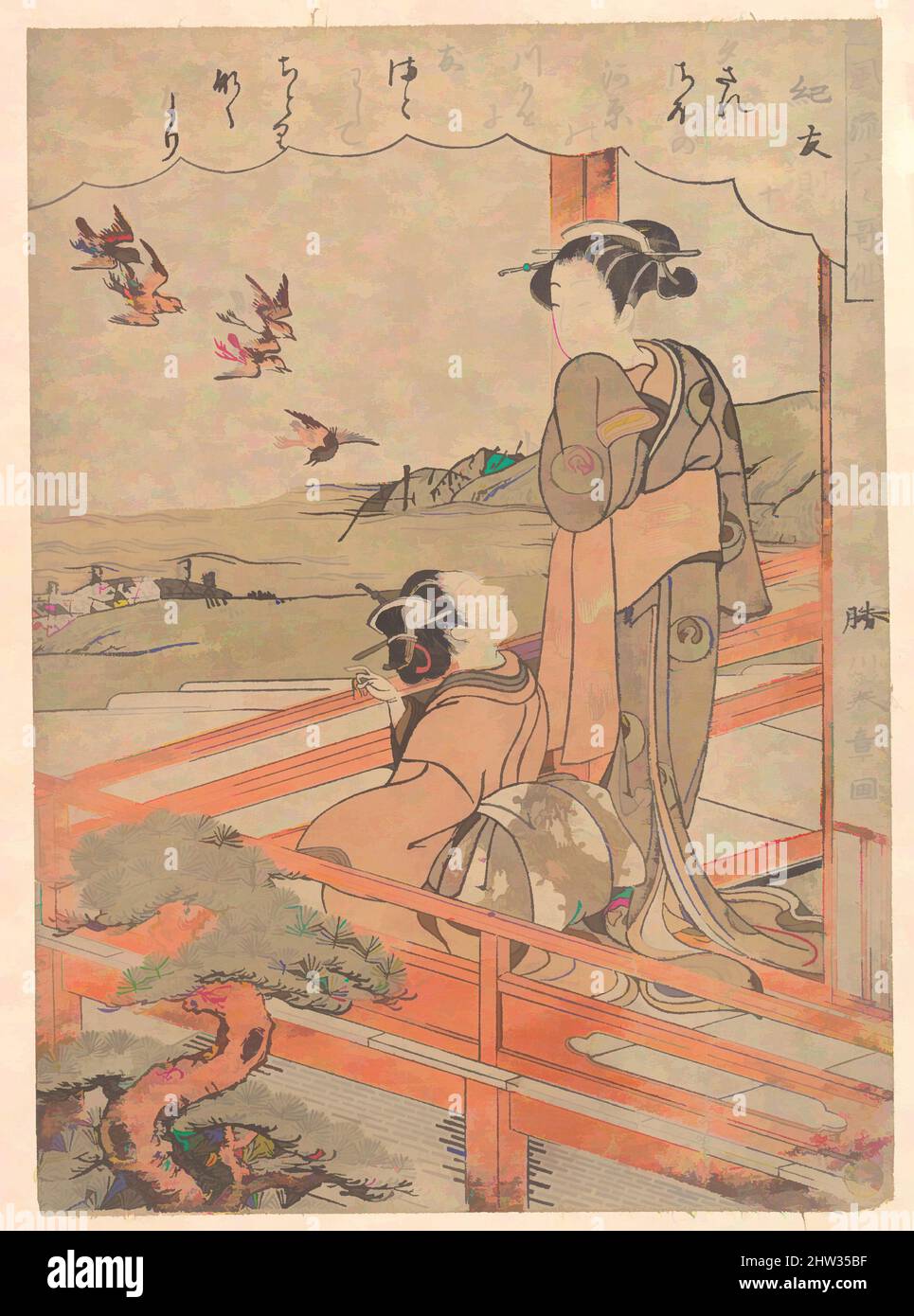 Art inspired by 「風流六く歌仙紀友則　十」, “Two Young Women on a Verandah Watching Plovers,” from the series Stylish Six Poetic Immortals (Fūryū rokkasen: Ki no Tomonori, jū), Edo period (1615–1868), ca. 1770, Japan, Polychrome woodblock print; ink and color on paper, 9 7/8 x 7 1/8 in. (25.1 x 18., Classic works modernized by Artotop with a splash of modernity. Shapes, color and value, eye-catching visual impact on art. Emotions through freedom of artworks in a contemporary way. A timeless message pursuing a wildly creative new direction. Artists turning to the digital medium and creating the Artotop NFT Stock Photo