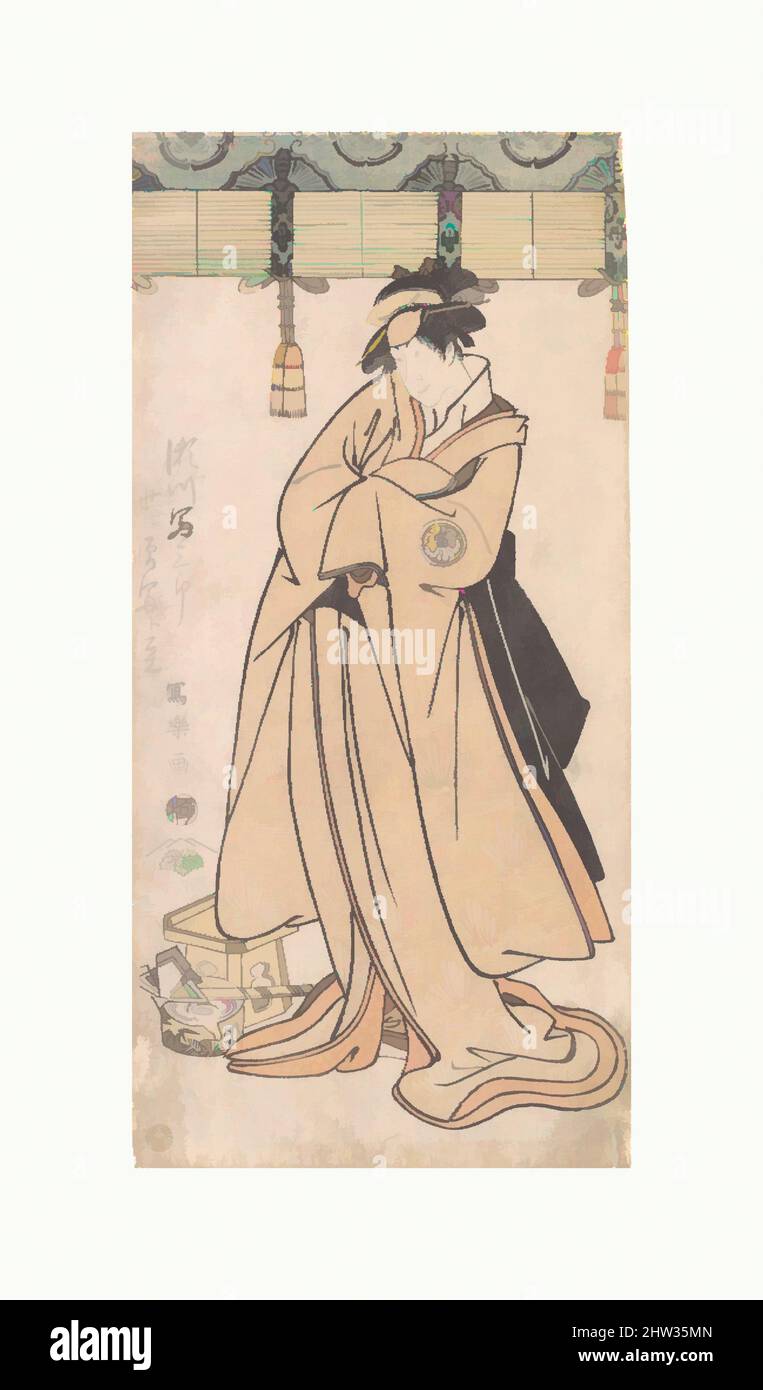 Art inspired by The Actor Segawa Tomisaburo II as the Otomos' Maid Wakakusa, Actually Prince Korehito, Edo period (1615–1868), 1794–75, Japan, Middle sheet of a triptych of polychrome woodblock prints; ink and color on paper, Image: 12 1/2 x 6 in. (31.8 x 15.2 cm), Prints, Tōshūsai, Classic works modernized by Artotop with a splash of modernity. Shapes, color and value, eye-catching visual impact on art. Emotions through freedom of artworks in a contemporary way. A timeless message pursuing a wildly creative new direction. Artists turning to the digital medium and creating the Artotop NFT Stock Photo