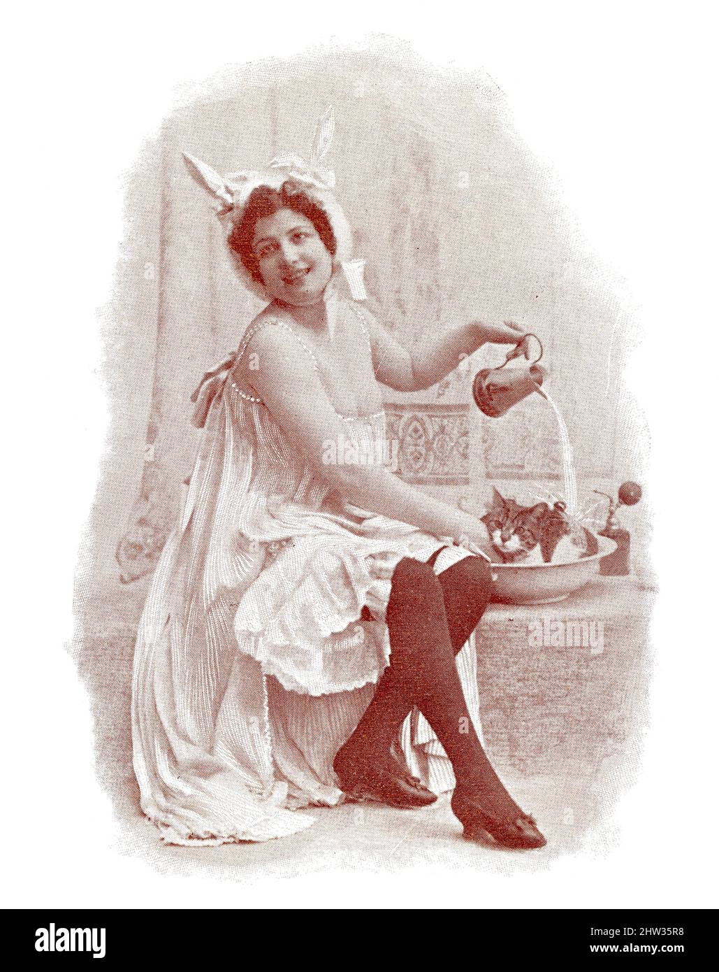 Portrait of an actress in the image of a cat mom. Image from the illustrated Franco-German theater magazine 'Das Album', 1898. Stock Photo