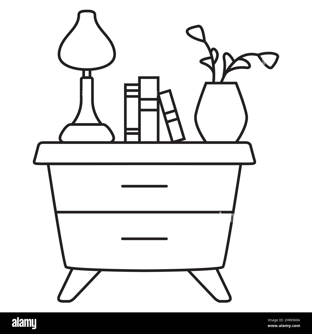 Nightstand outline icon.Thin line black bedside table with lamp. Stock Vector