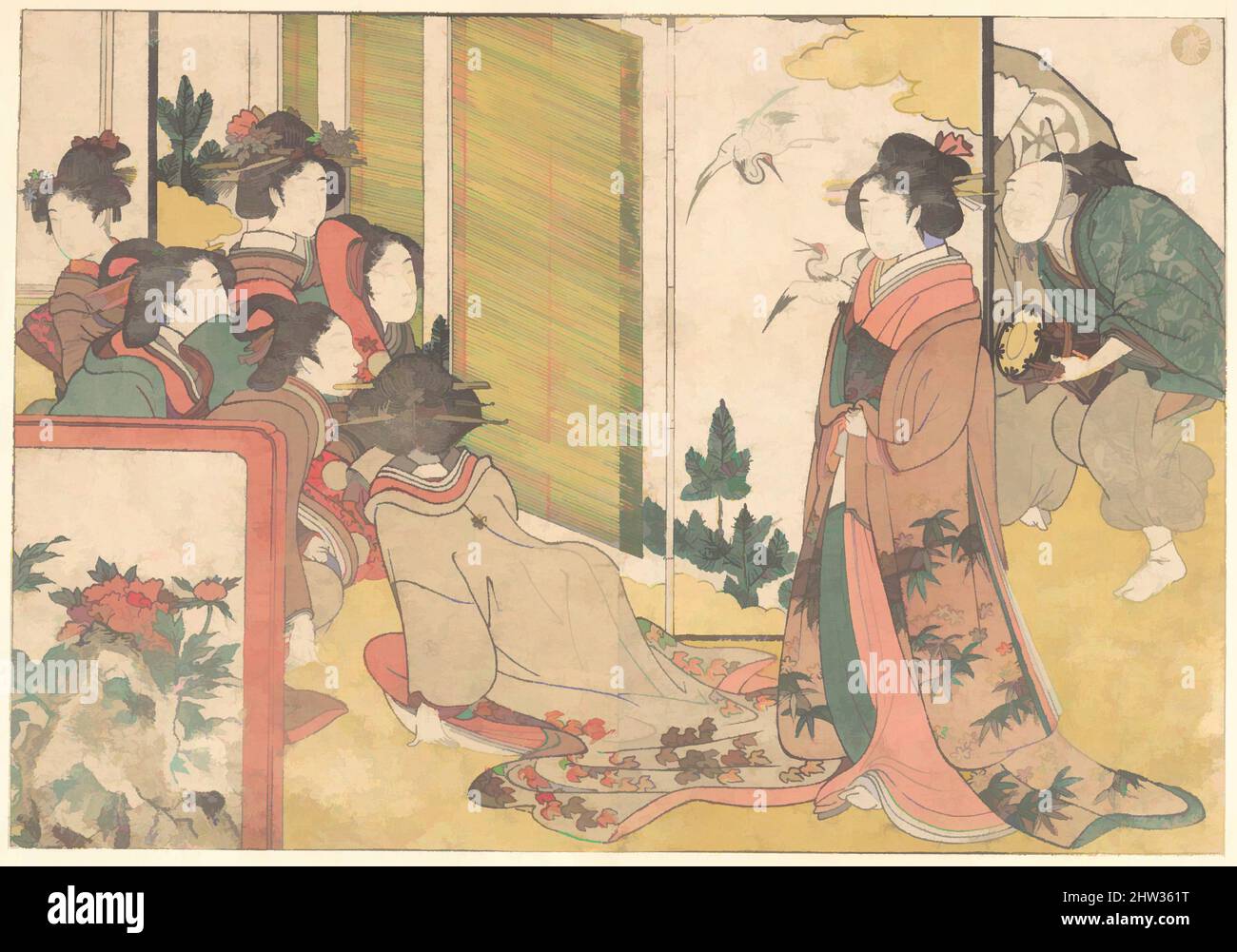 Art inspired by 四季の花, Girls Entertained by Performers, from the illustrated book Flowers of the Four Seasons, Edo period (1615–1868), 1801, Japan, Polychrome woodblock print; ink and color on paper, 6 7/8 x 9 7/8 in. (17.5 x 25.1 cm), Prints, Kitagawa Utamaro (Japanese, 1753?–1806, Classic works modernized by Artotop with a splash of modernity. Shapes, color and value, eye-catching visual impact on art. Emotions through freedom of artworks in a contemporary way. A timeless message pursuing a wildly creative new direction. Artists turning to the digital medium and creating the Artotop NFT Stock Photo