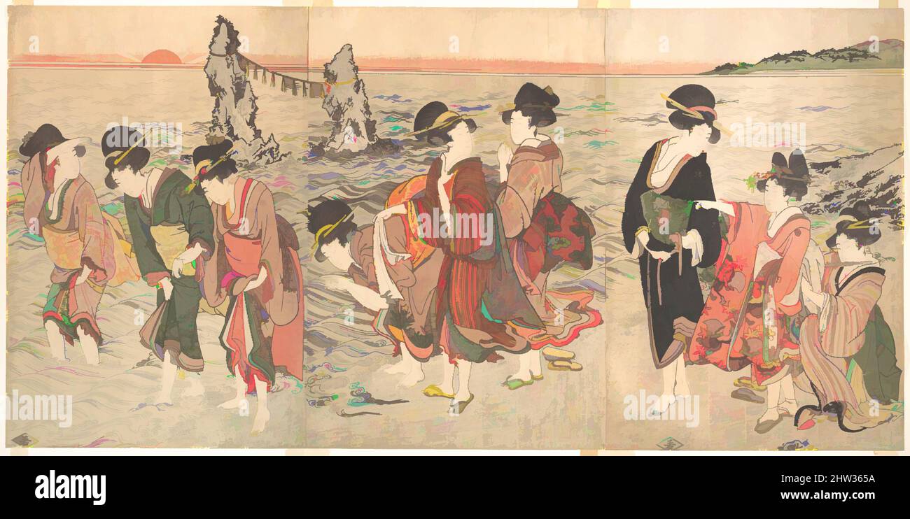 Art inspired by Women Worshipping the Rising Sun between the Twin Rocks at Ise Edo period 1615 1868 Japan Triptych of polychrome woodblock prints ink and color on paper 14 15 32 x 29