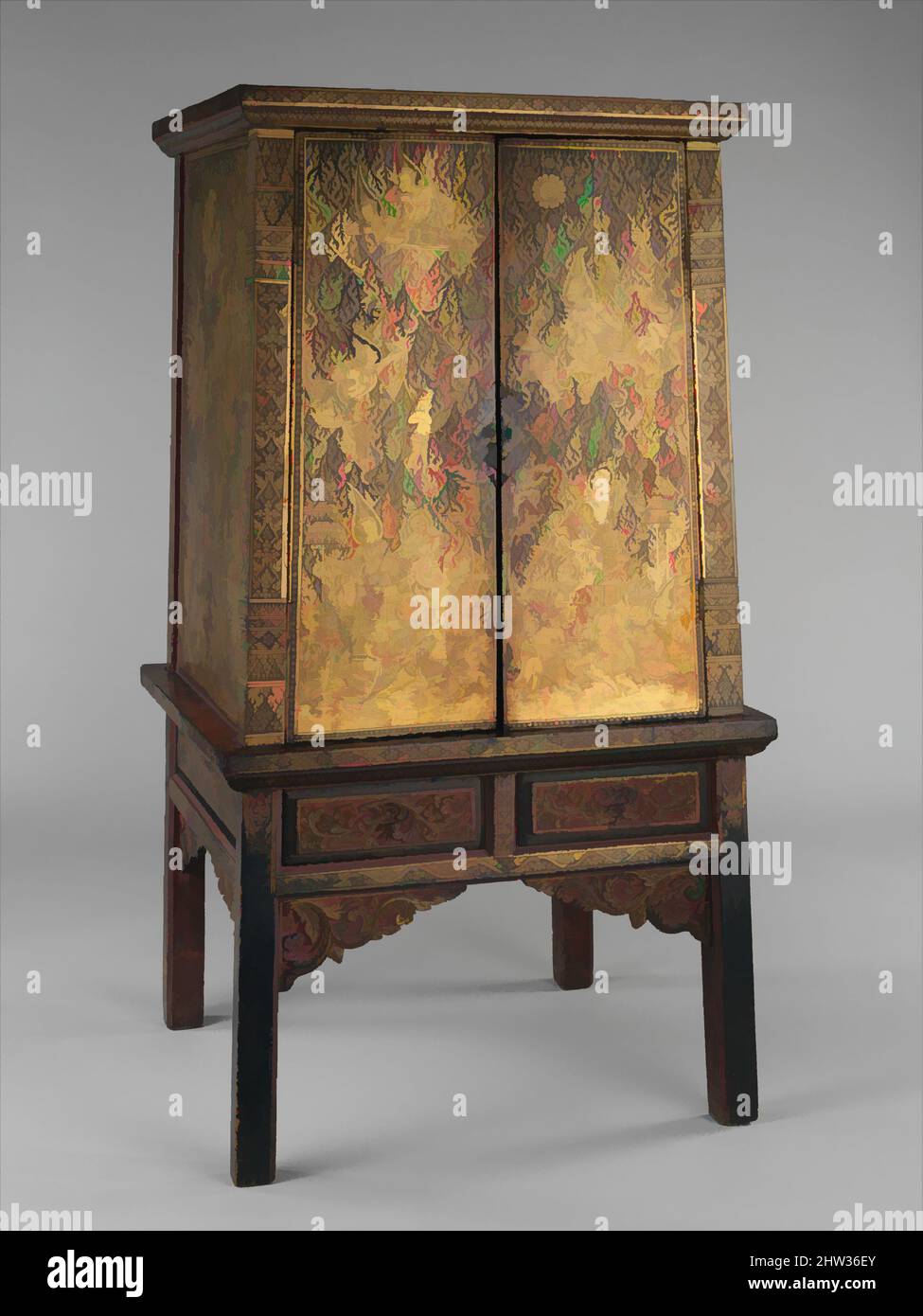 Art inspired by Manuscript Storage Cabinet, Ratanakosin period, late 18th–early 19th century, Thailand (Bangkok), Wood with gold and lacquer, H. approx. 62 1/2 in. (158.8 cm); W. 34 1/16 in. (86.5 cm); D. 31 1/8 in. (79.1 cm), Furniture, Cabinets of this type were traditionally gifted, Classic works modernized by Artotop with a splash of modernity. Shapes, color and value, eye-catching visual impact on art. Emotions through freedom of artworks in a contemporary way. A timeless message pursuing a wildly creative new direction. Artists turning to the digital medium and creating the Artotop NFT Stock Photo