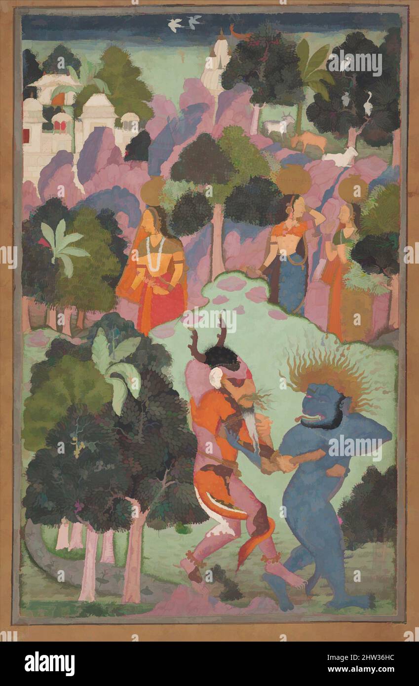 Art inspired by Demons Fighting Over an Animal Limb, late 17th century, India (Rajasthan, Bikaner or the Deccan), Ink, opaque watercolor, and gold on paper, 11 9/16 x 7 5/16 in. (29.4 x 18.6 cm), Paintings, In this painting, set in a fantastic landscape with rocks, trees and a, Classic works modernized by Artotop with a splash of modernity. Shapes, color and value, eye-catching visual impact on art. Emotions through freedom of artworks in a contemporary way. A timeless message pursuing a wildly creative new direction. Artists turning to the digital medium and creating the Artotop NFT Stock Photo