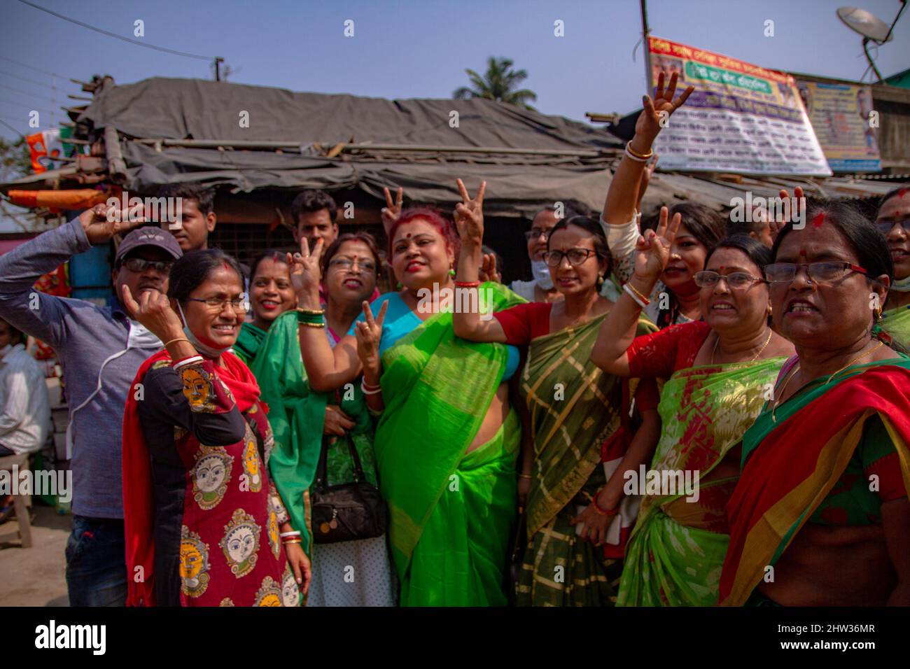 Kolkata, India. 03rd Jan, 2022. Green storm rages in Rajpur Sonarpur municipal polls, 33 out of 35 wards occupied by Trinamool Congreess (TMC), in Kolkata, India, on March 1, 2022. (Photo by Sudip Chanda/Pacific Press/Sipa USA) Credit: Sipa USA/Alamy Live News Stock Photo