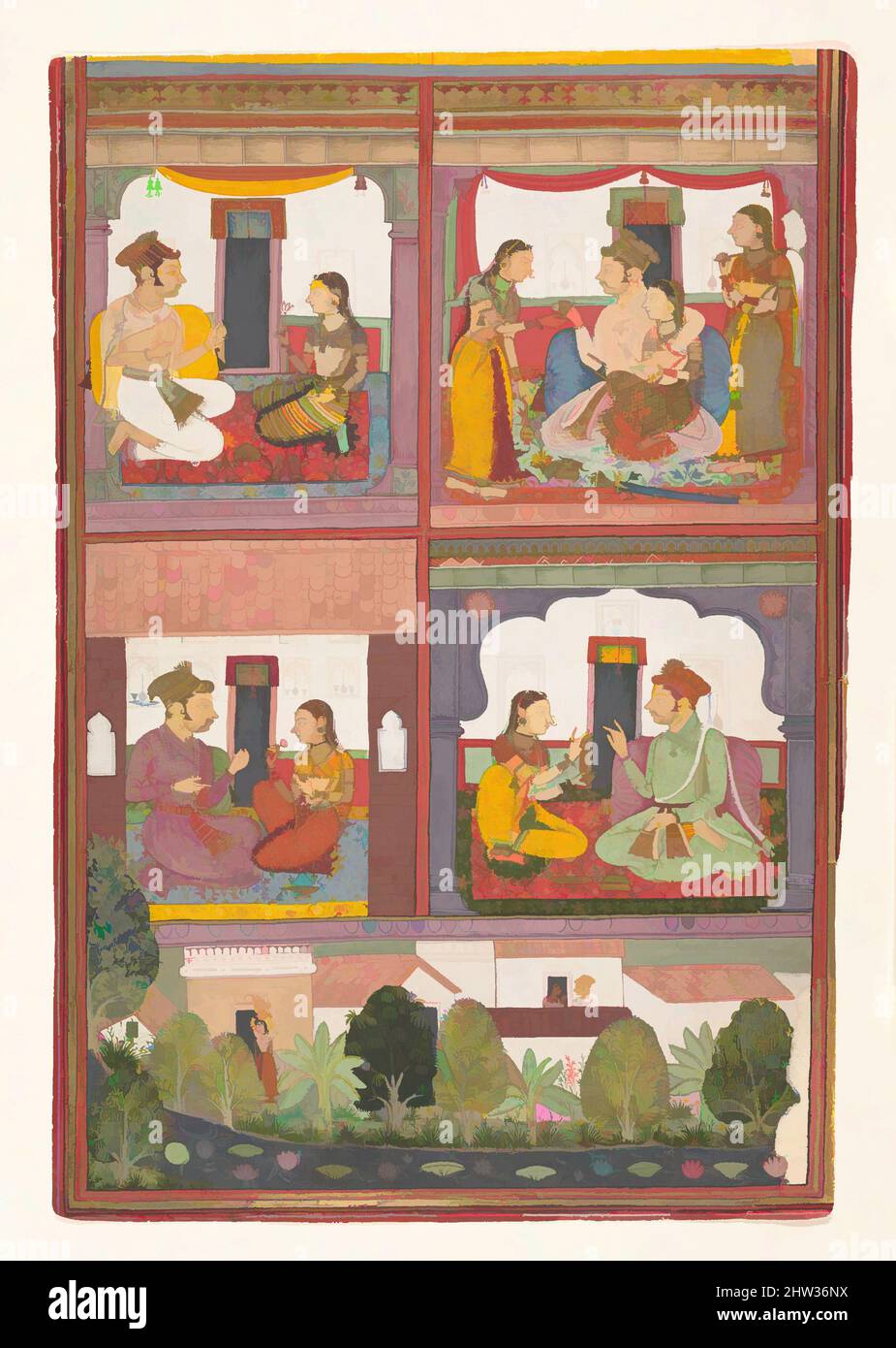 Art inspired by Four Love Scenes and a Landscape: Page from a Dispersed Raskapriya, ca. 1700, India (Rajasthan, Bundi), Ink and opaque watercolor on paper, Image: 11 1/4 × 7 7/8 in. (28.6 × 20 cm), Paintings, The lowest register sets the context for the multiple scenes above; a couple, Classic works modernized by Artotop with a splash of modernity. Shapes, color and value, eye-catching visual impact on art. Emotions through freedom of artworks in a contemporary way. A timeless message pursuing a wildly creative new direction. Artists turning to the digital medium and creating the Artotop NFT Stock Photo