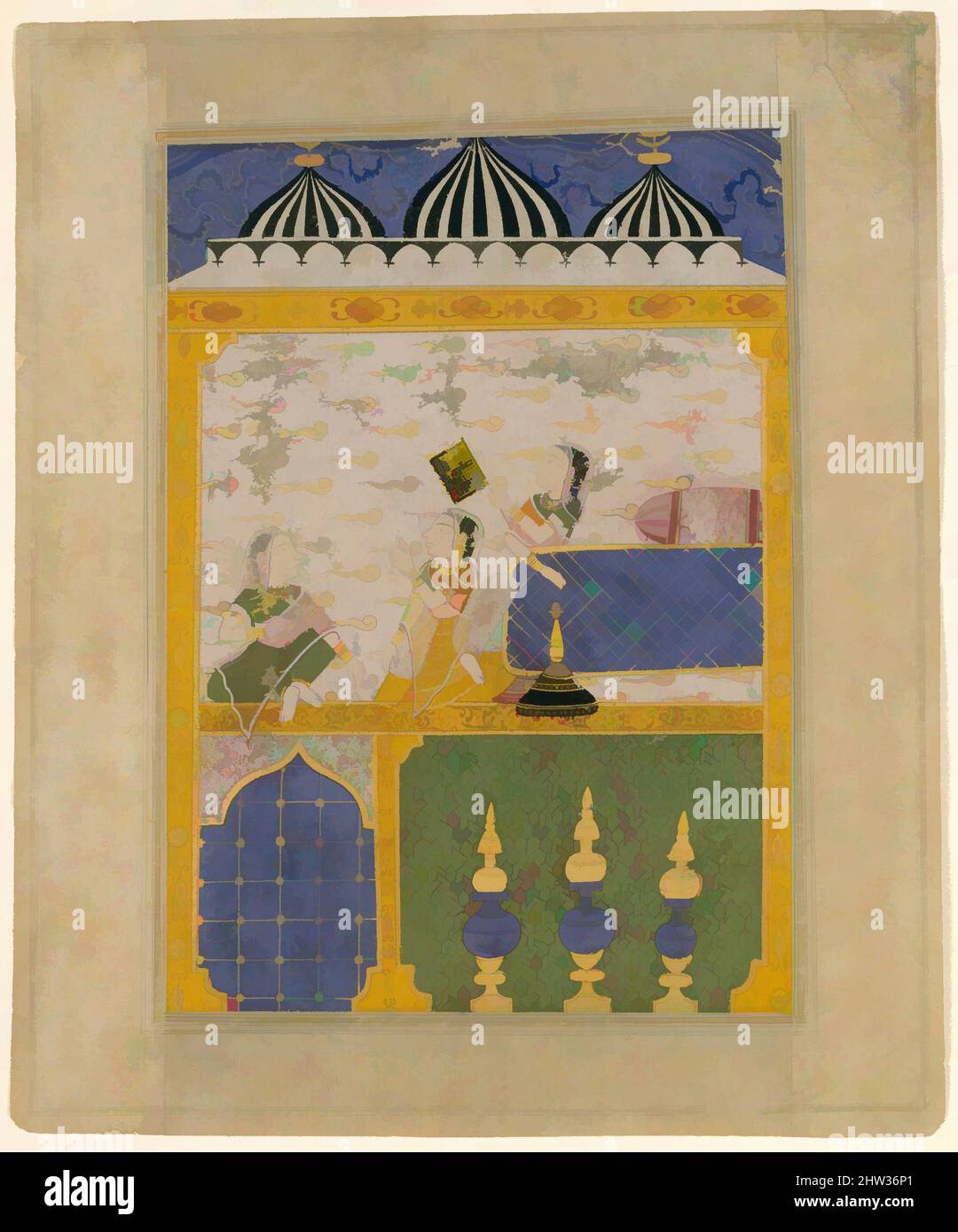 Art inspired by Three Ladies in a Palace Interior: Page from a Dispersed Laur Chanda (Romance of Laurak and Chanda), Sultanate period, 1520–30, Northern India (Mandu?), Ink, opaque watercolor, and gold on paper, Image: 7 1/8 x 5 in. (18.1 x 12.7 cm), Paintings, The majority of the, Classic works modernized by Artotop with a splash of modernity. Shapes, color and value, eye-catching visual impact on art. Emotions through freedom of artworks in a contemporary way. A timeless message pursuing a wildly creative new direction. Artists turning to the digital medium and creating the Artotop NFT Stock Photo