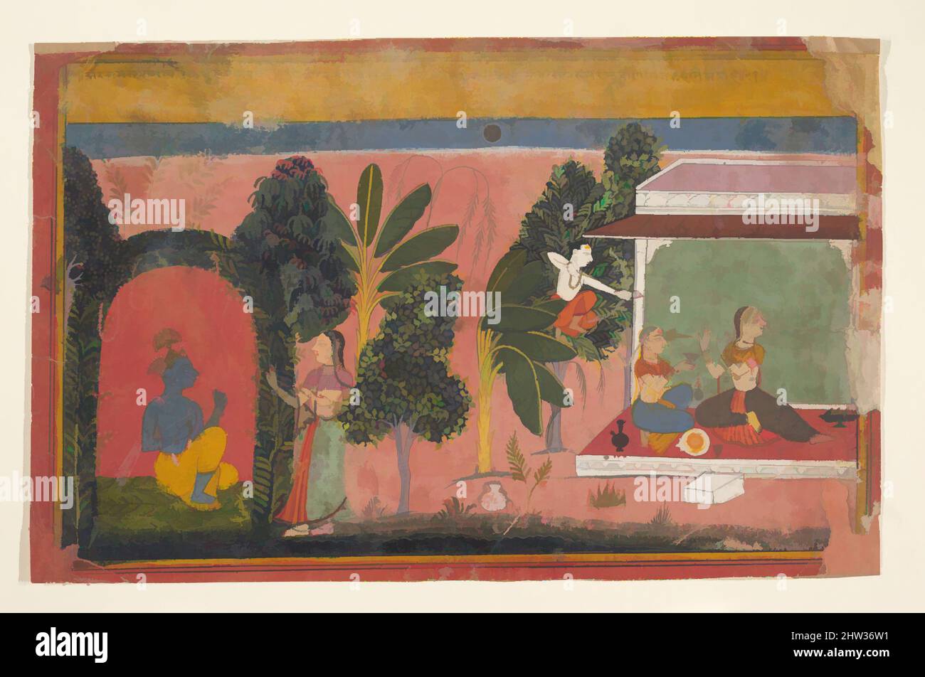 Art inspired by Kama Aims His Bow at Radha: Page From a Dispersed Gita Govinda (Loves of Krishna), ca. 1695, India (Rajasthan, Mewar), Ink and opaque watercolor on paper, H. 7 1/4 x W. 11 3/8 in. (18.4 x 28.9 cm), Paintings, Vegetation and architecture divide this painting into thirds, Classic works modernized by Artotop with a splash of modernity. Shapes, color and value, eye-catching visual impact on art. Emotions through freedom of artworks in a contemporary way. A timeless message pursuing a wildly creative new direction. Artists turning to the digital medium and creating the Artotop NFT Stock Photo