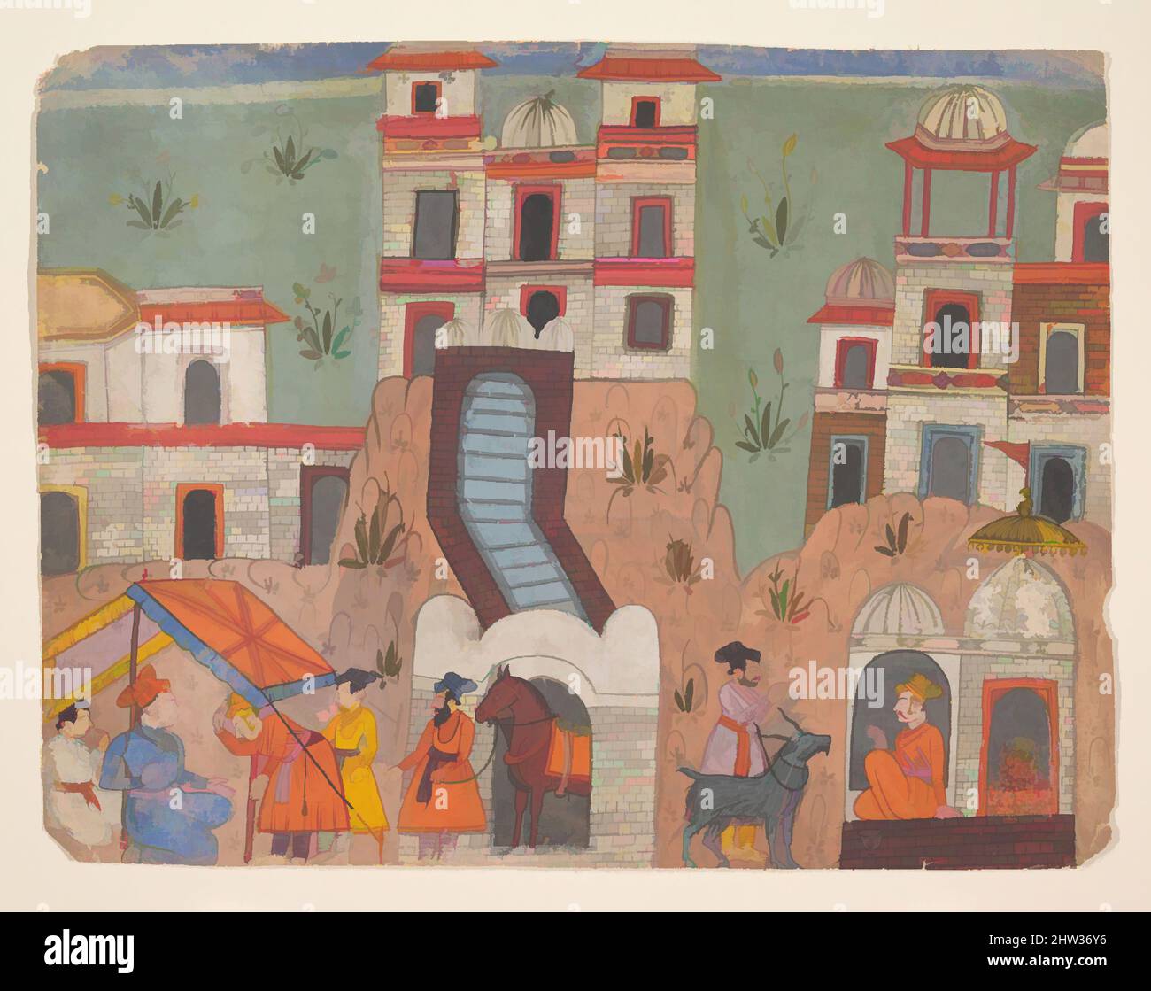Art inspired by A Raja Receives Homage Outside the City: Page from a Dispersed Manuscript, last quarter of the 17th century, India (Punjab Hills, Bilaspur), Ink and opaque watercolor on paper, 8 7/8 x 11 1/2 in. (22.5 x 29.2 cm), Paintings, This page from an unidentified Hindu, Classic works modernized by Artotop with a splash of modernity. Shapes, color and value, eye-catching visual impact on art. Emotions through freedom of artworks in a contemporary way. A timeless message pursuing a wildly creative new direction. Artists turning to the digital medium and creating the Artotop NFT Stock Photo