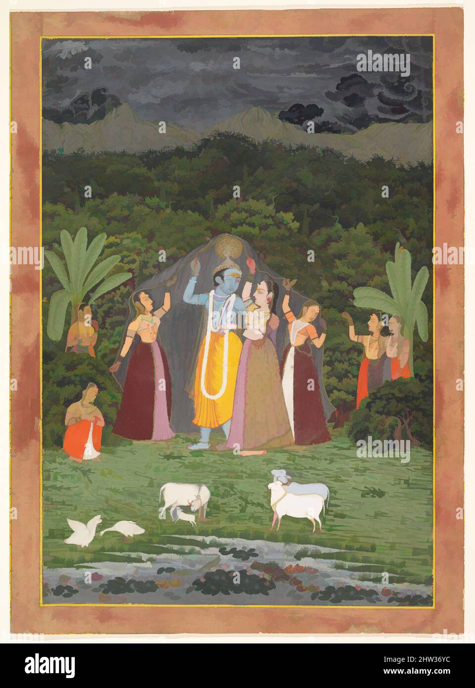 Art inspired by Krishna and the Gopis Take Shelter from the Rain, 1760, India (Rajasthan, Jaipur), Ink, opaque watercolor, and gold on paper, 13 3/4 x 9 3/8 in. (34.9 x 23.8 cm), Paintings, Here, dark clouds fill the sky and Krishna shelters several gopis (cow maids), alluding to his, Classic works modernized by Artotop with a splash of modernity. Shapes, color and value, eye-catching visual impact on art. Emotions through freedom of artworks in a contemporary way. A timeless message pursuing a wildly creative new direction. Artists turning to the digital medium and creating the Artotop NFT Stock Photo