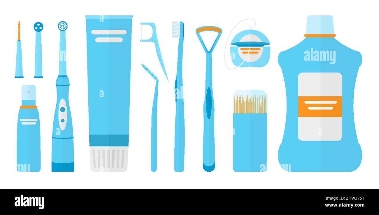Oral care product dental clear flat set. Tools brushing teeth caring