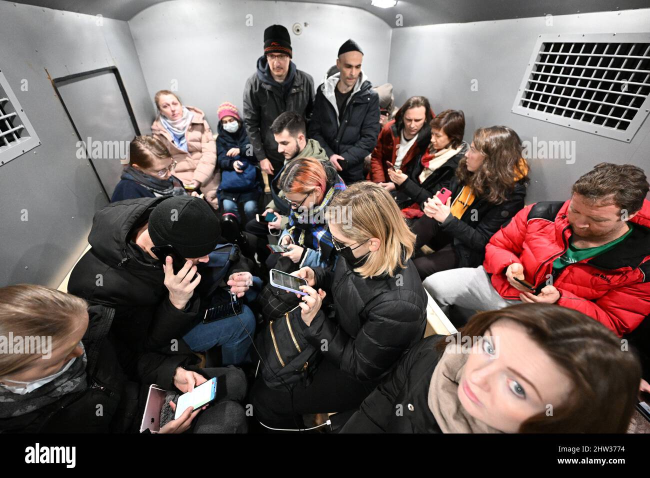 Unauthorized protest action against the special military operation of the Russian Armed Forces in Ukraine near Manezhnaya Square. Detained protesters in a paddy wagon. 02.03.2022 Russia, Moscow Photo credit: Alexander Miridonov/Kommersant/Sipa USA Stock Photo