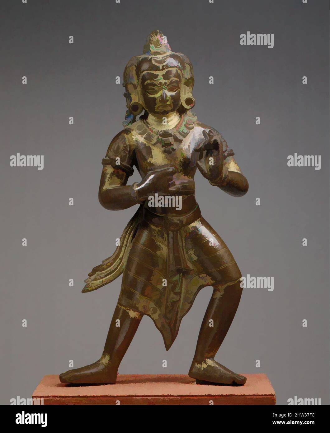 Art inspired by Manjushri, the Bodhisattva of Transcendent Wisdom, in an Awesome Aspect, Thakuri period, 10th century, Nepal (Kathmandu Valley), Gilt-copper alloy with color and gold paint, H. 12 1/2 in. (31.8 cm); H. incl. base 14 1/4 in. (36.2 cm); W. 6 1/4 in. (15.9 cm); D. 3 1/4 in, Classic works modernized by Artotop with a splash of modernity. Shapes, color and value, eye-catching visual impact on art. Emotions through freedom of artworks in a contemporary way. A timeless message pursuing a wildly creative new direction. Artists turning to the digital medium and creating the Artotop NFT Stock Photo