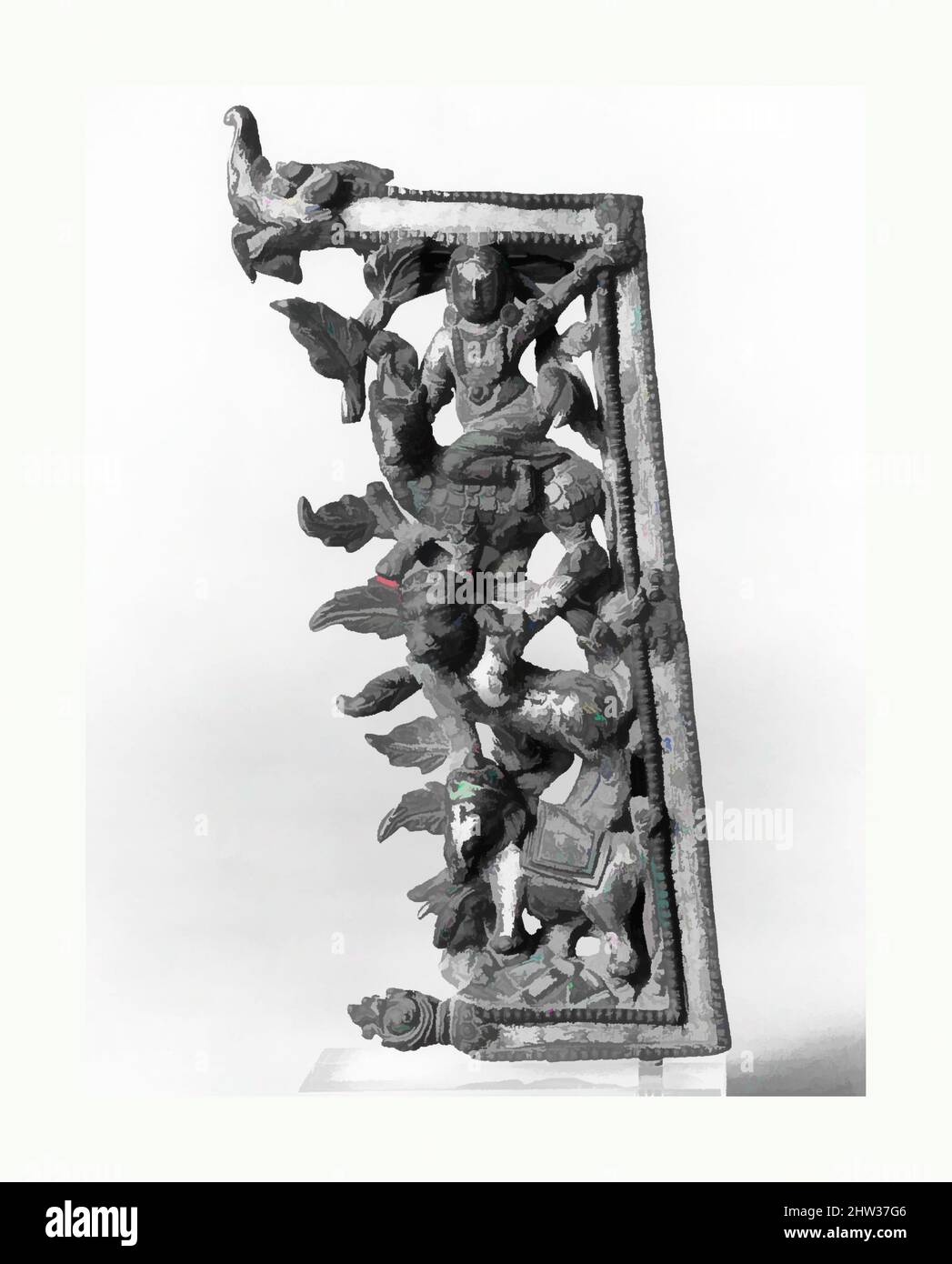 Art inspired by Fragment from the Backplate of an Icon, Malla period, 16th century, Nepal (Kathmandu Valley), Gilt copper alloy, 5 x 2 7/16 in. (12.7 x 6.2 cm), Sculpture, This openwork panel depicts a mélange of fantastic animals riotously placed in foliage, one upon the other: an, Classic works modernized by Artotop with a splash of modernity. Shapes, color and value, eye-catching visual impact on art. Emotions through freedom of artworks in a contemporary way. A timeless message pursuing a wildly creative new direction. Artists turning to the digital medium and creating the Artotop NFT Stock Photo