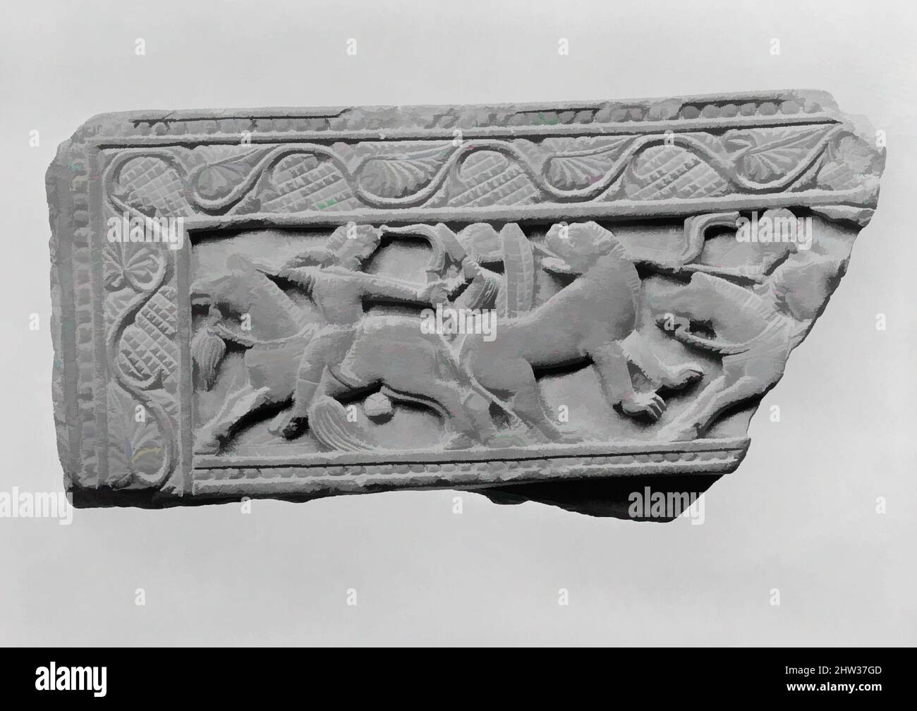 Art inspired by Fragment of a Lid (?) with a Hunting Scene, 5th–6th century, Pakistan (ancient region of Gandhara), Stone, Overall: 2 x 3 7/8 in. (5.1 x 9.8 cm), Sculpture, Box lids are rare examples of nonreligious art of the fifth century, little of which has survived. They are, Classic works modernized by Artotop with a splash of modernity. Shapes, color and value, eye-catching visual impact on art. Emotions through freedom of artworks in a contemporary way. A timeless message pursuing a wildly creative new direction. Artists turning to the digital medium and creating the Artotop NFT Stock Photo