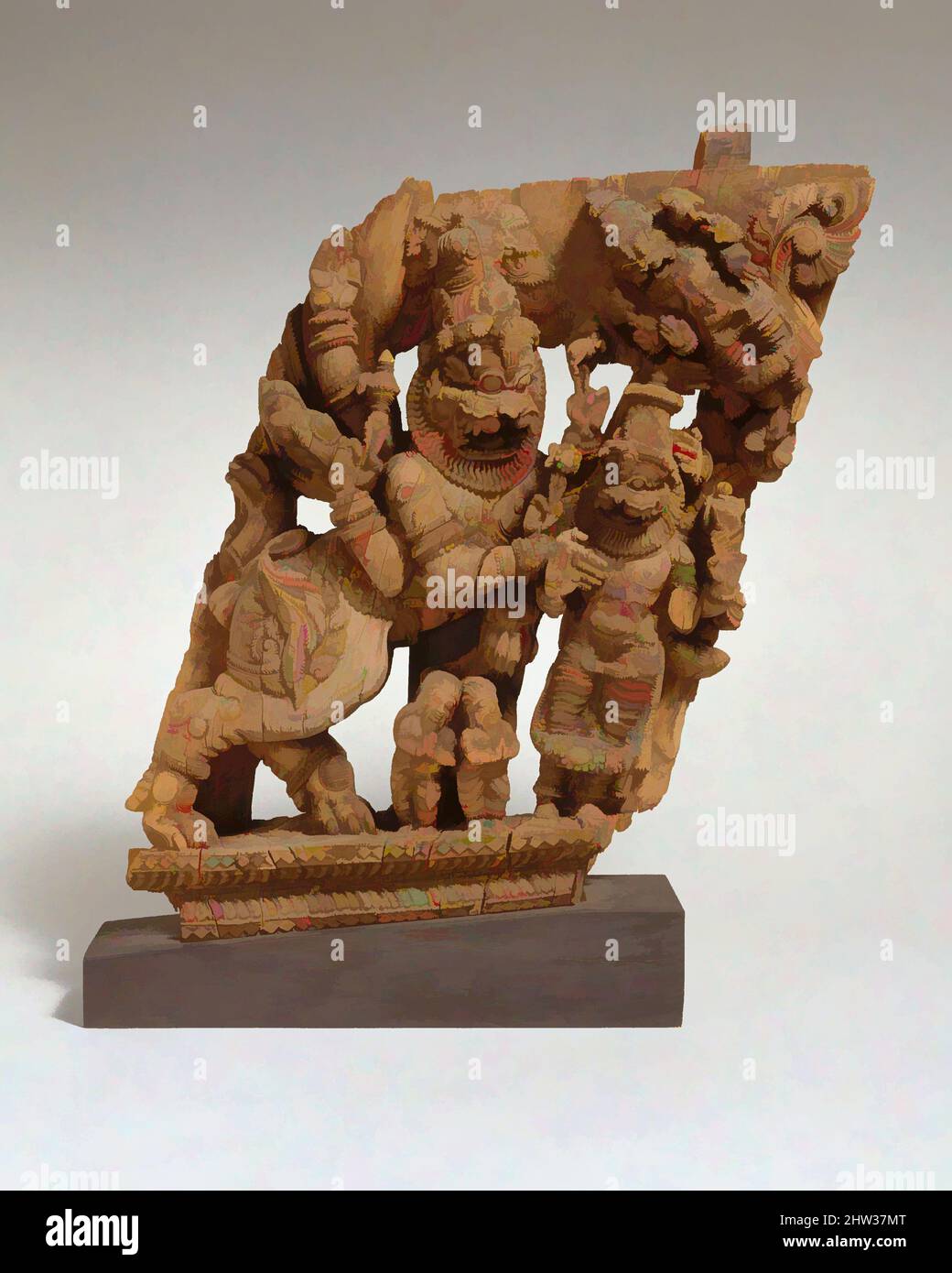 Art inspired by Panel from a Ritual Chariot: Narasimha, the Man-Lion Incarnation of Vishnu, 17th–18th century, India (Tamil Nadu), Wood, H. 23 1/2 in. (59.7 cm); W. 24 in. (61 cm), Sculpture, Classic works modernized by Artotop with a splash of modernity. Shapes, color and value, eye-catching visual impact on art. Emotions through freedom of artworks in a contemporary way. A timeless message pursuing a wildly creative new direction. Artists turning to the digital medium and creating the Artotop NFT Stock Photo
