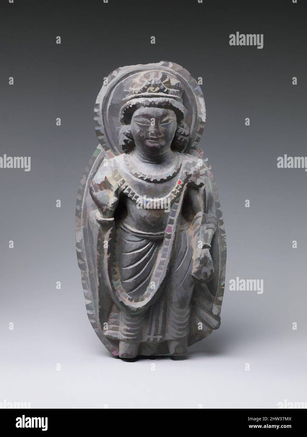 Art inspired by Bodhisattva with Radiate Halo and Mandorla, 6th century, Pakistan (ancient region of Gandhara) or India (Jammu & Kashmir), Phyllitic grey schist, H. 5 1/4 in. (13.3 cm), Sculpture, This bodhisattva, holding a lotus (padma), likely represents Avalokitesvara Padmapani, Classic works modernized by Artotop with a splash of modernity. Shapes, color and value, eye-catching visual impact on art. Emotions through freedom of artworks in a contemporary way. A timeless message pursuing a wildly creative new direction. Artists turning to the digital medium and creating the Artotop NFT Stock Photo